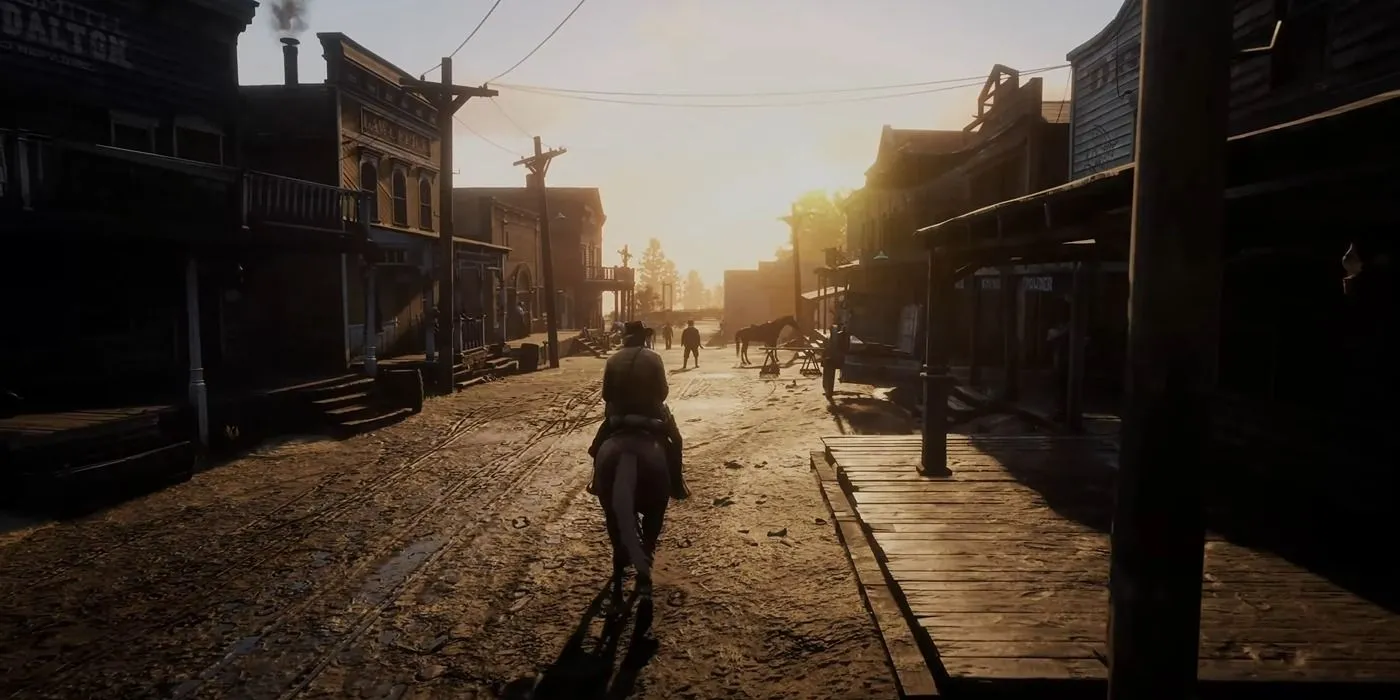 Arthur Morgan cưỡi ngựa qua thị trấn Valentine trong Red Dead Redemption 2