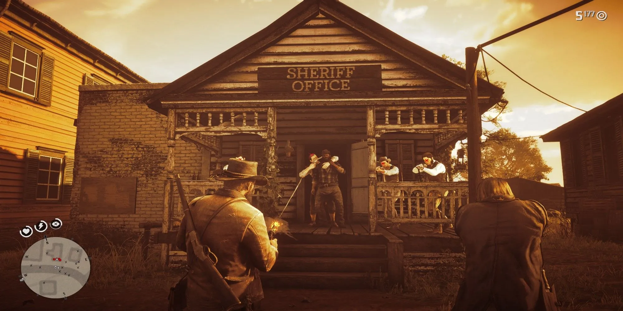 Arthur Morgan sử dụng kỹ năng Dead Eye để cứu Bill trong nhiệm vụ &quot;A Short Walk Into Town&quot; của Red Dead Redemption 2