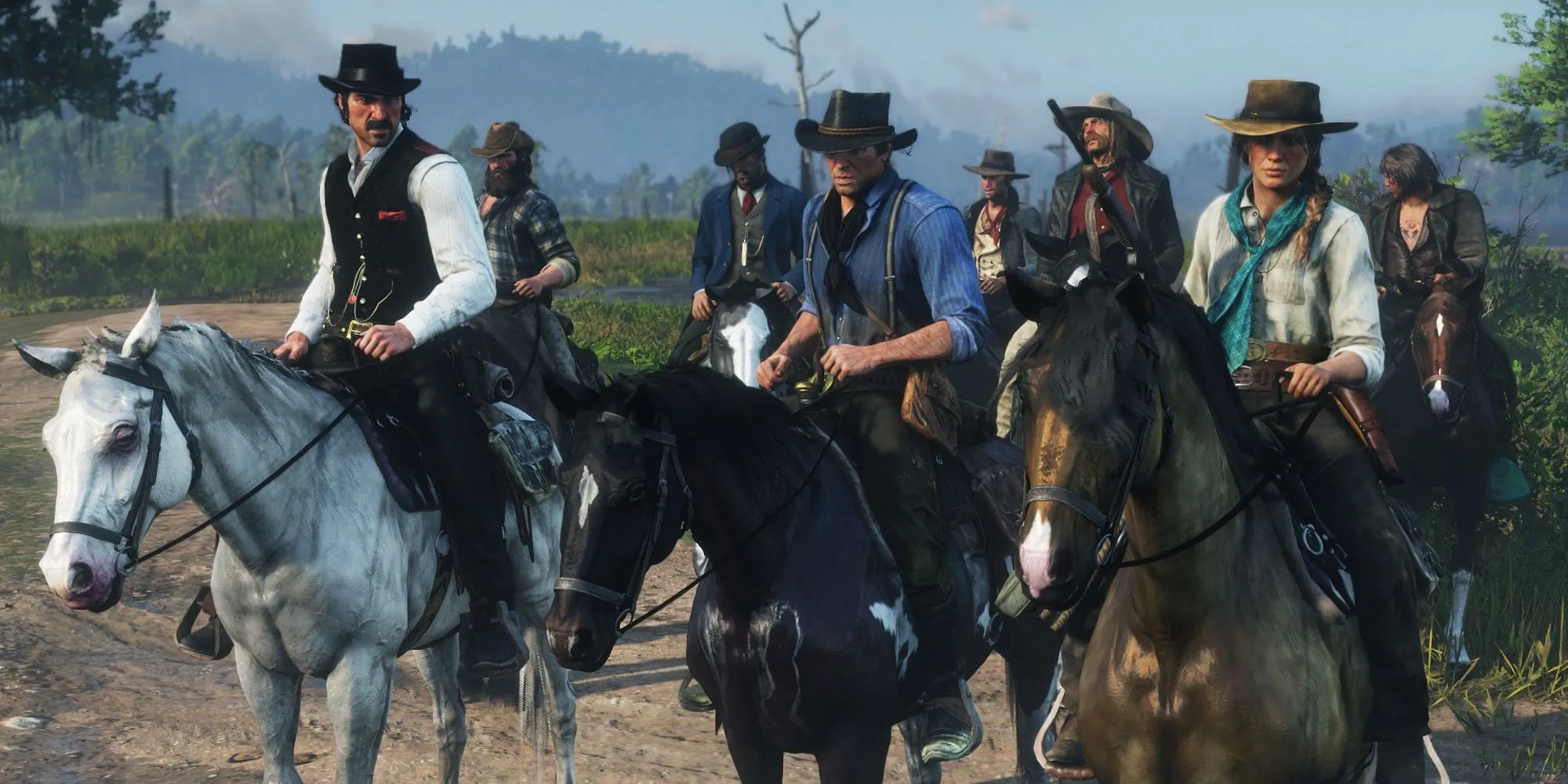 Arthur Morgan và băng đảng Van Der Linde cưỡi ngựa trong Red Dead Redemption II
