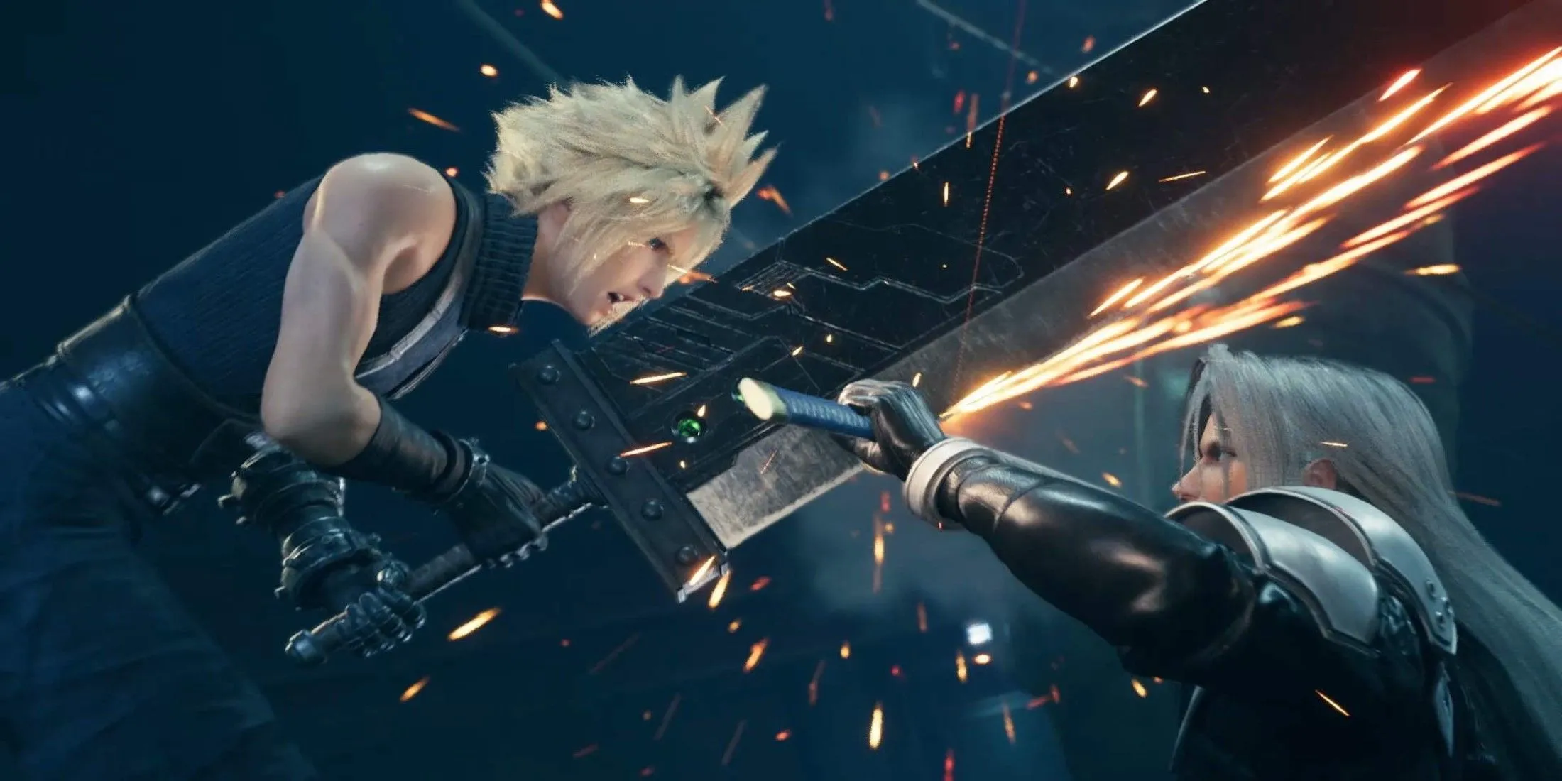 Artwork đặc trưng của game Final Fantasy 7 Remake, cảnh Cloud đối đầu Sephiroth.