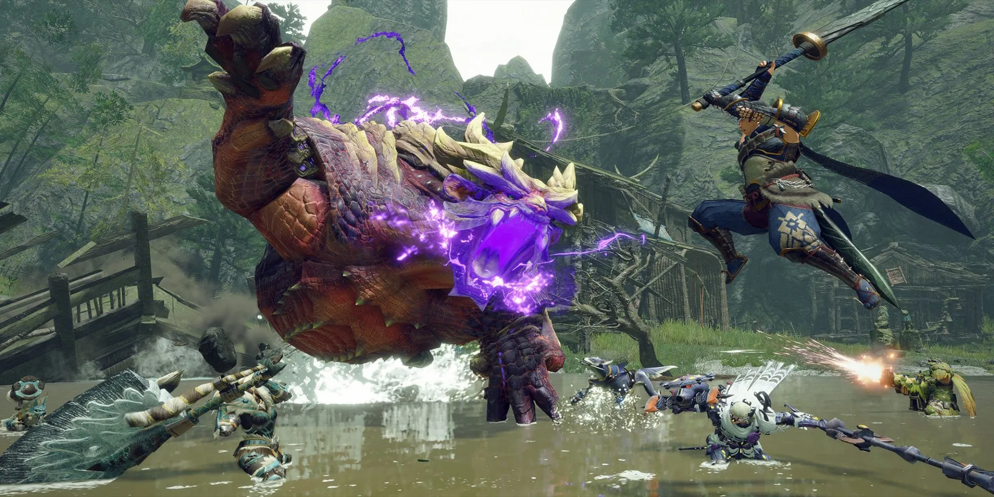Artwork hoặc gameplay screenshot của game Monster Hunter Rise, tập trung vào các quái vật và môi trường.
