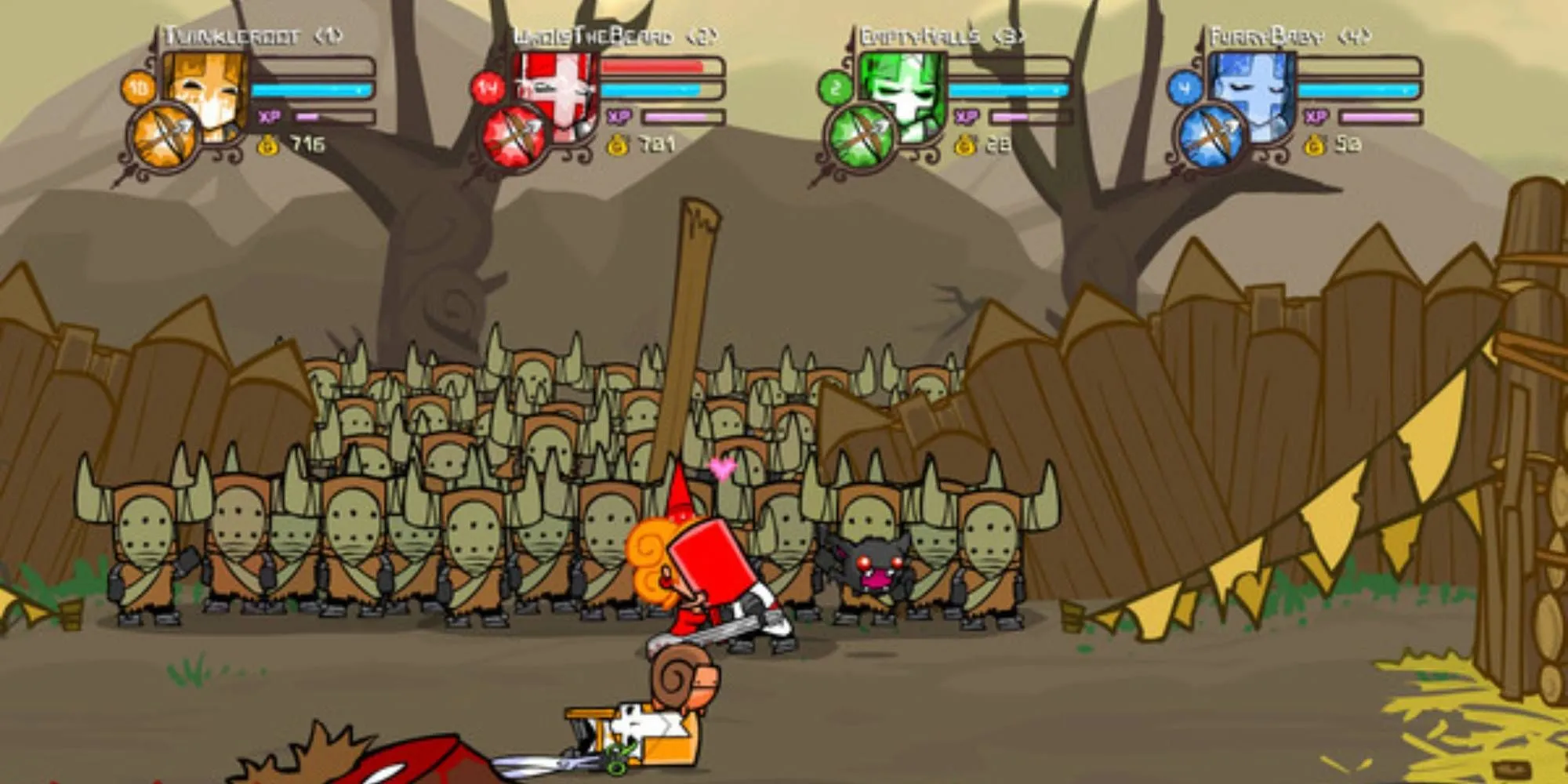 Ba hiệp sĩ trong Castle Crashers đang chiến đấu chống lại kẻ thù