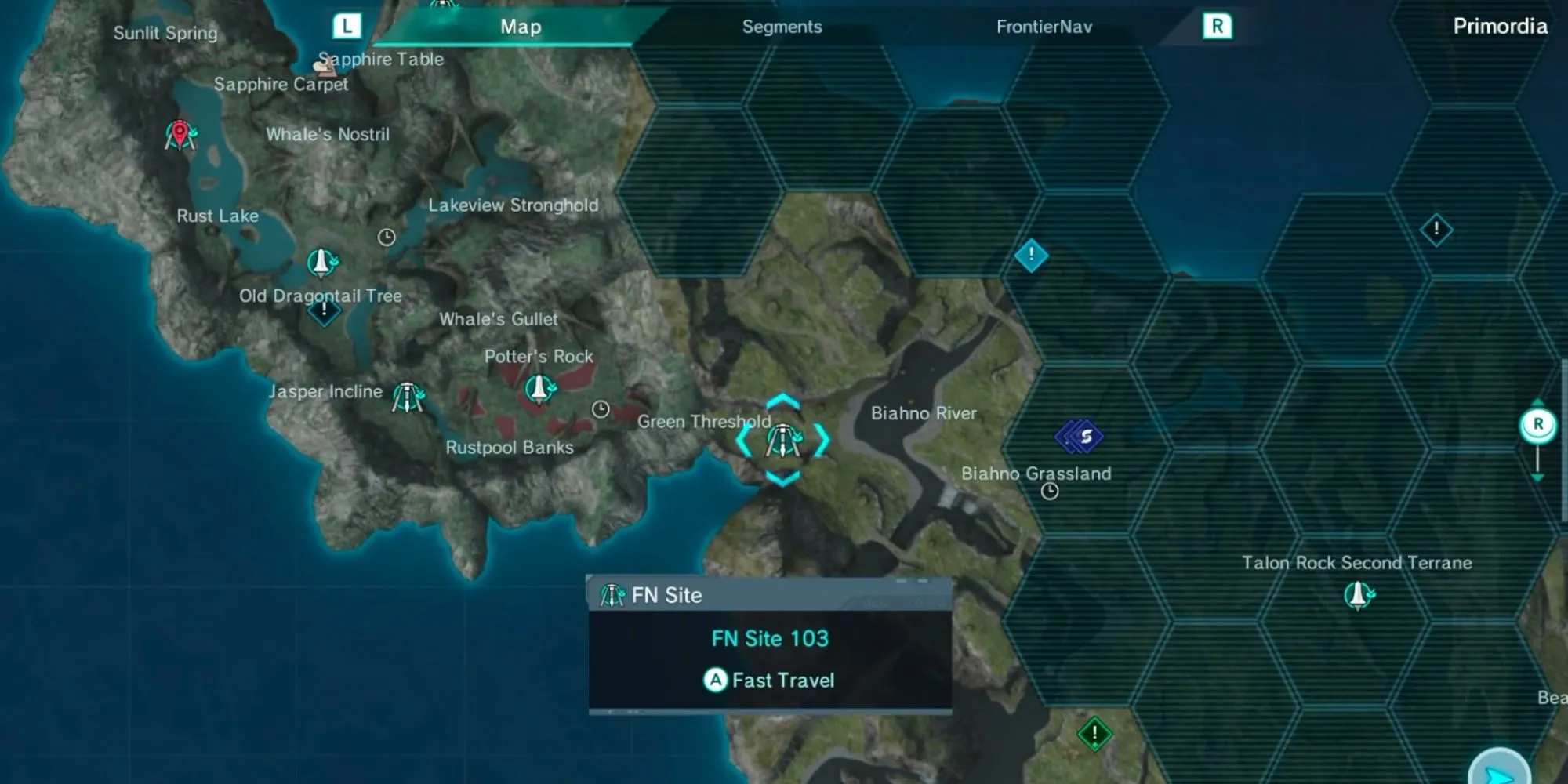 Bản đồ Xenoblade Chronicles X chỉ đường đến Biahno River, gần FN Site 103, cho nhiệm vụ tìm chó Labrador