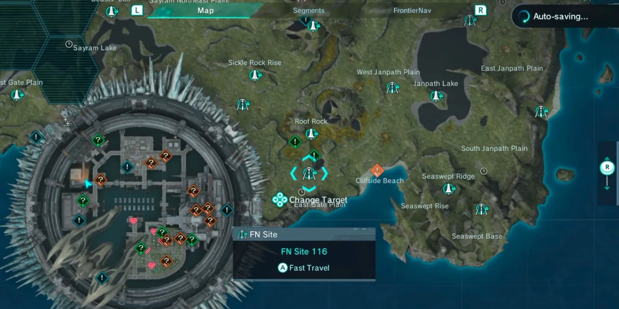 Bản đồ Xenoblade Chronicles X hiển thị điểm dịch chuyển nhanh đến Cliffside Beach cho nhiệm vụ Nine Lives