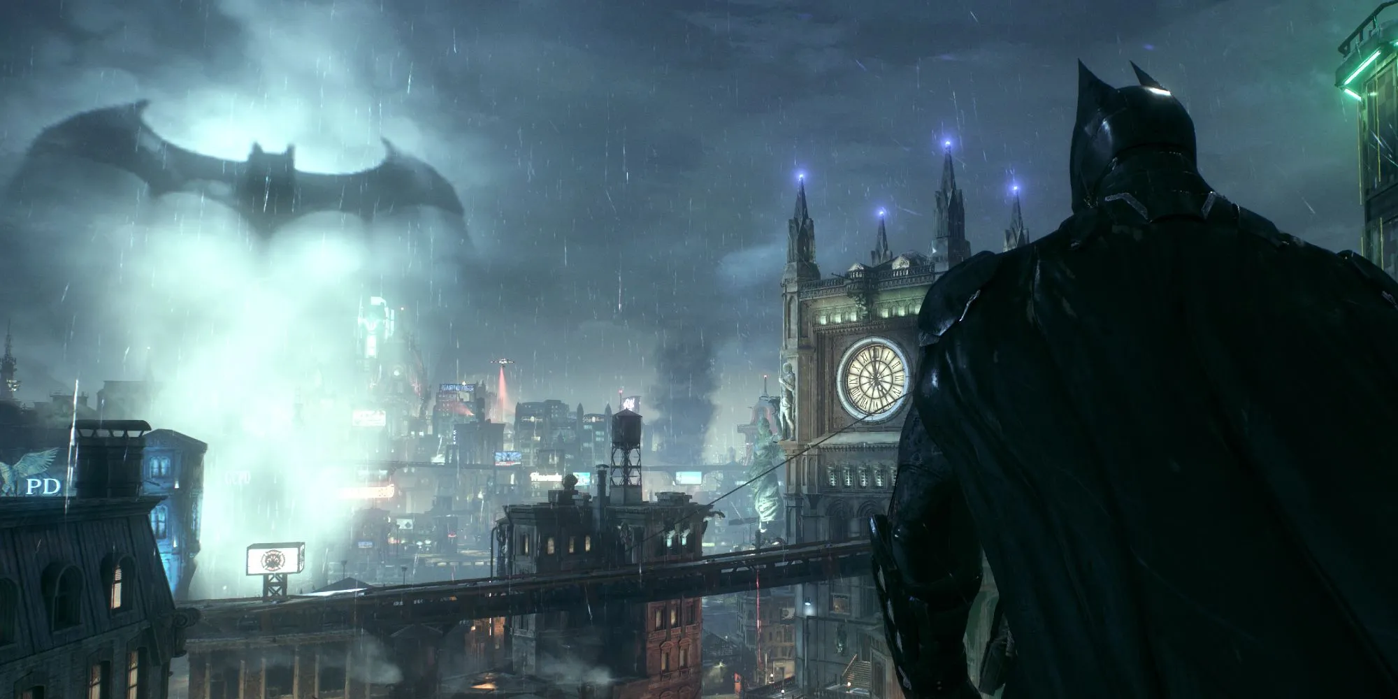 Batman nhìn bao quát thành phố Arkham City từ một điểm cao trong game Batman: Arkham City