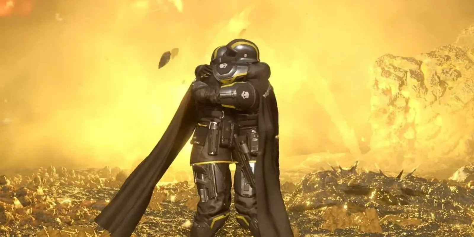 Biểu cảm ôm (hug emote) giữa hai Helldivers trong game, thể hiện sự gắn kết cộng đồng