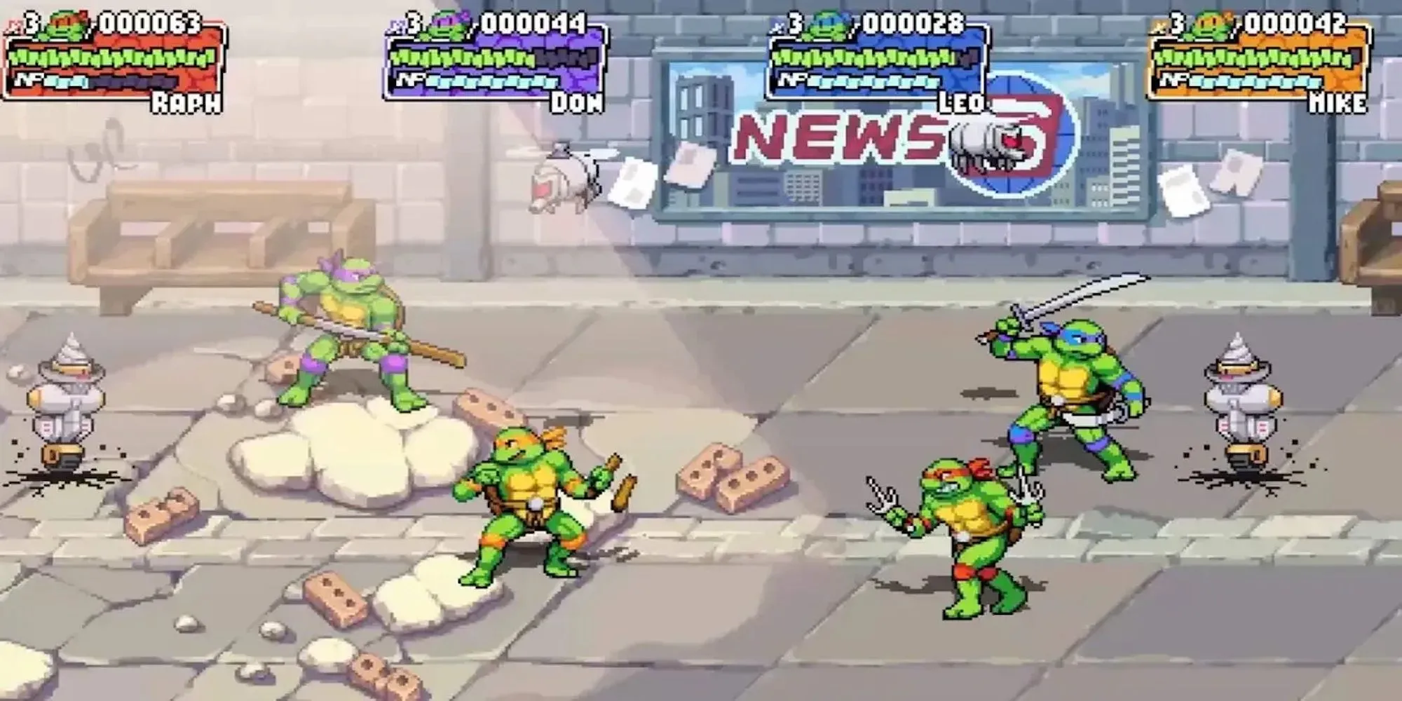 Bốn chú Rùa cùng Splinter và April O'Neil chiến đấu trong TMNT Shredder's Revenge với đồ họa pixel art