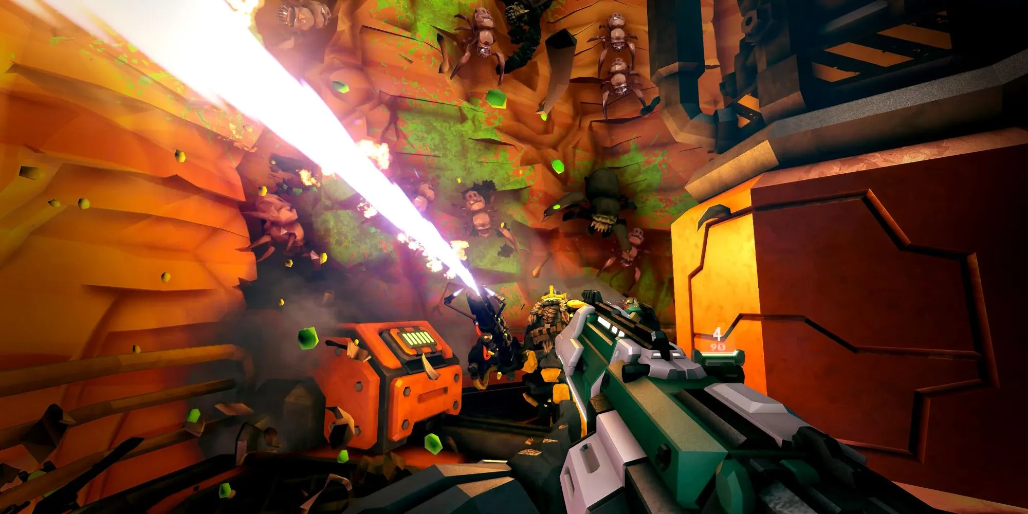 Bốn người lùn không gian trong Deep Rock Galactic đứng cùng nhau trong một hang động tối tăm, sẵn sàng cho nhiệm vụ khai thác và chiến đấu