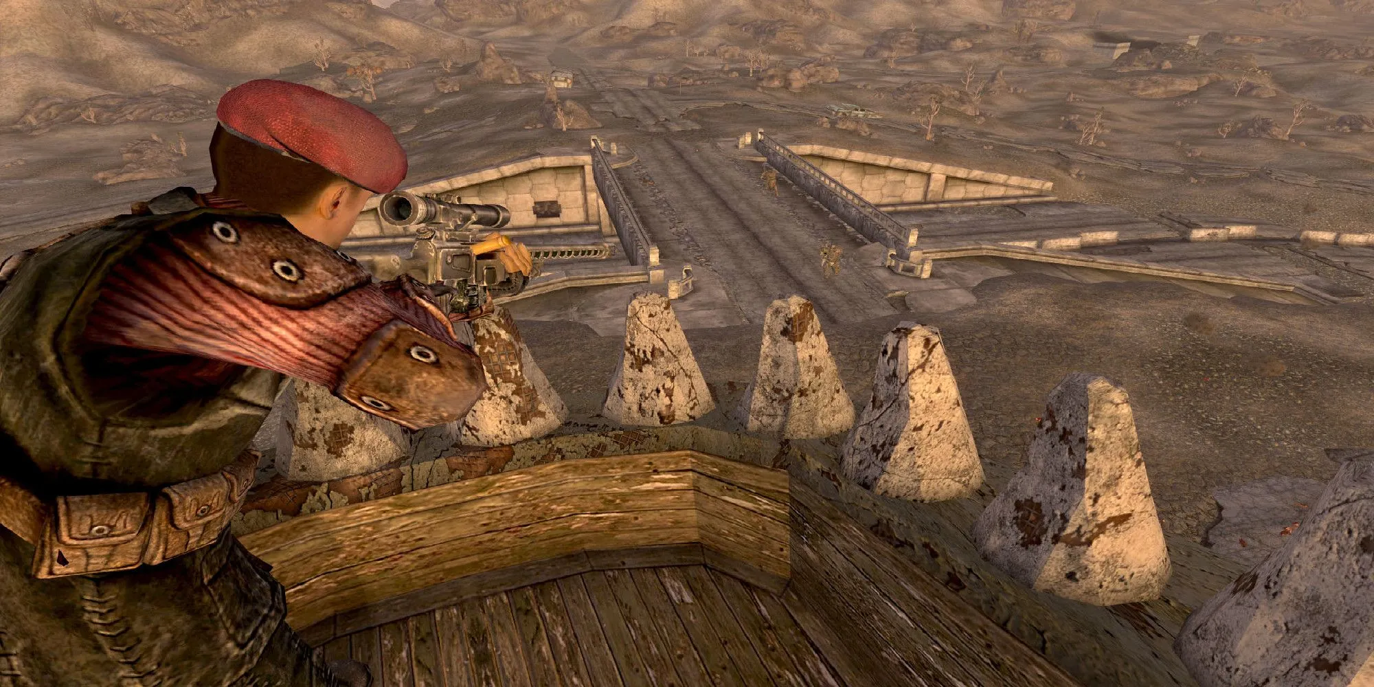 Boone, một đồng đội, sử dụng súng bắn tỉa trong bối cảnh hoang mạc Fallout New Vegas