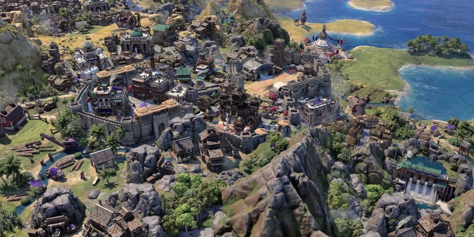 Các công trình kiến trúc đa dạng và chi tiết trong một thành phố của Civilization 7