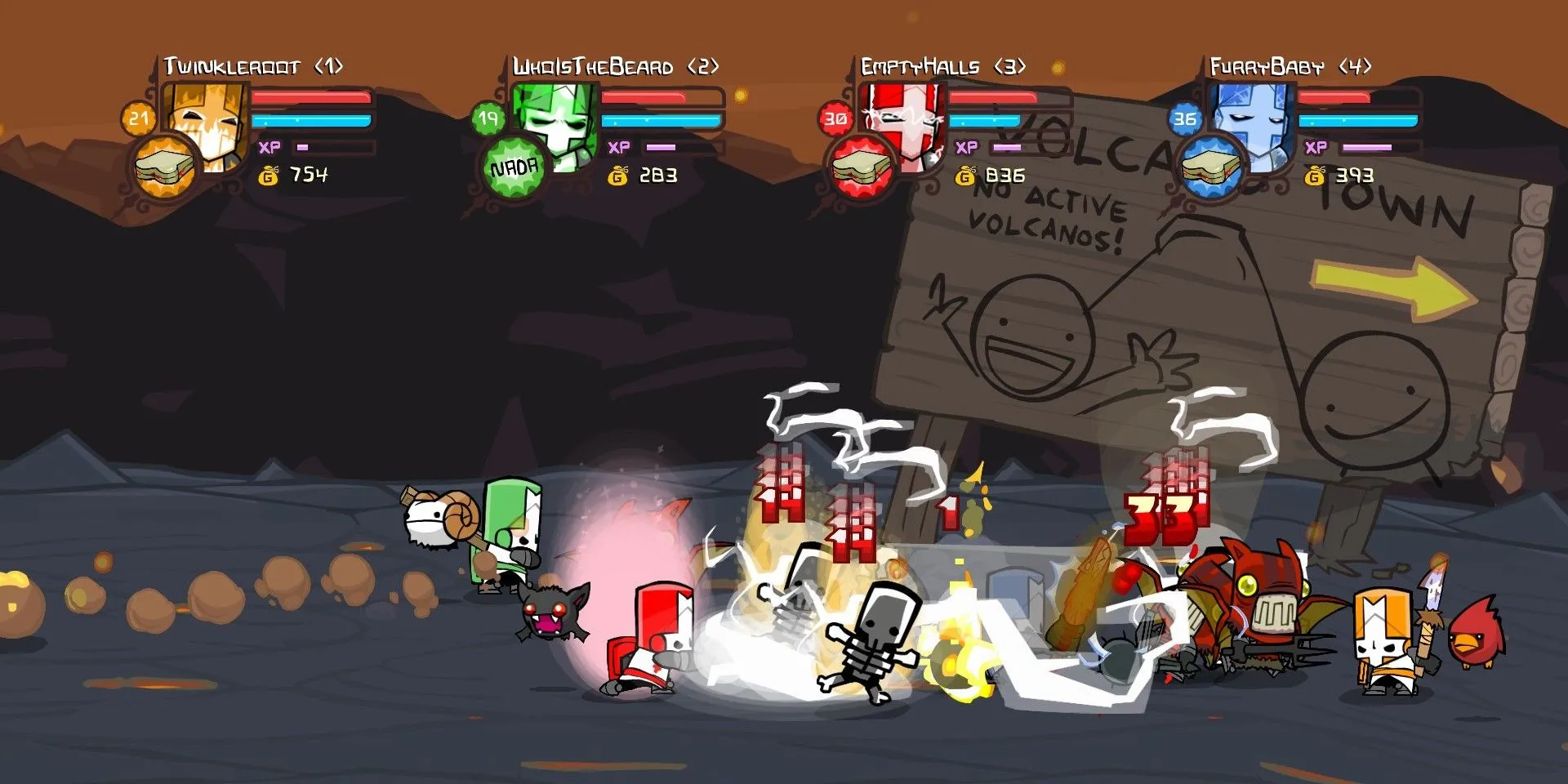 Các hiệp sĩ Castle Crashers chiến đấu với kẻ thù trong một khung cảnh đầy màu sắc