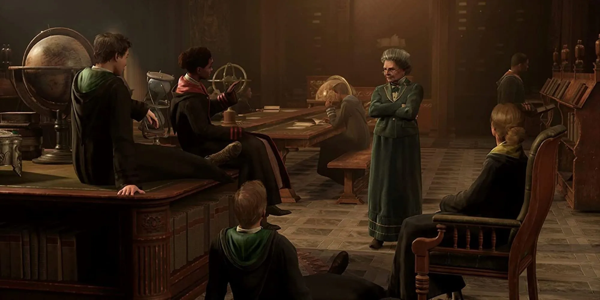 Các học sinh Hogwarts Legacy chăm chú lắng nghe thủ thư kể chuyện trong thư viện