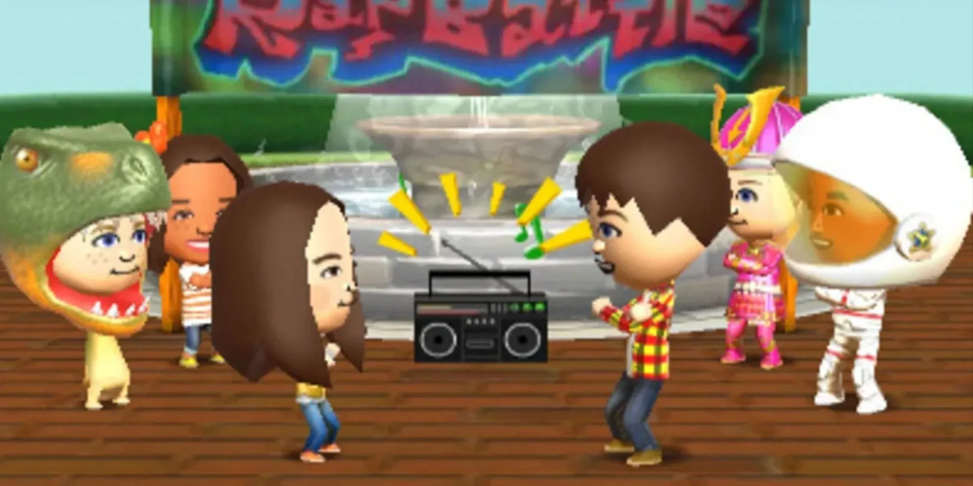 Các nhân vật Mii trong trang phục đang nhảy múa với boombox trong Tomodachi Life