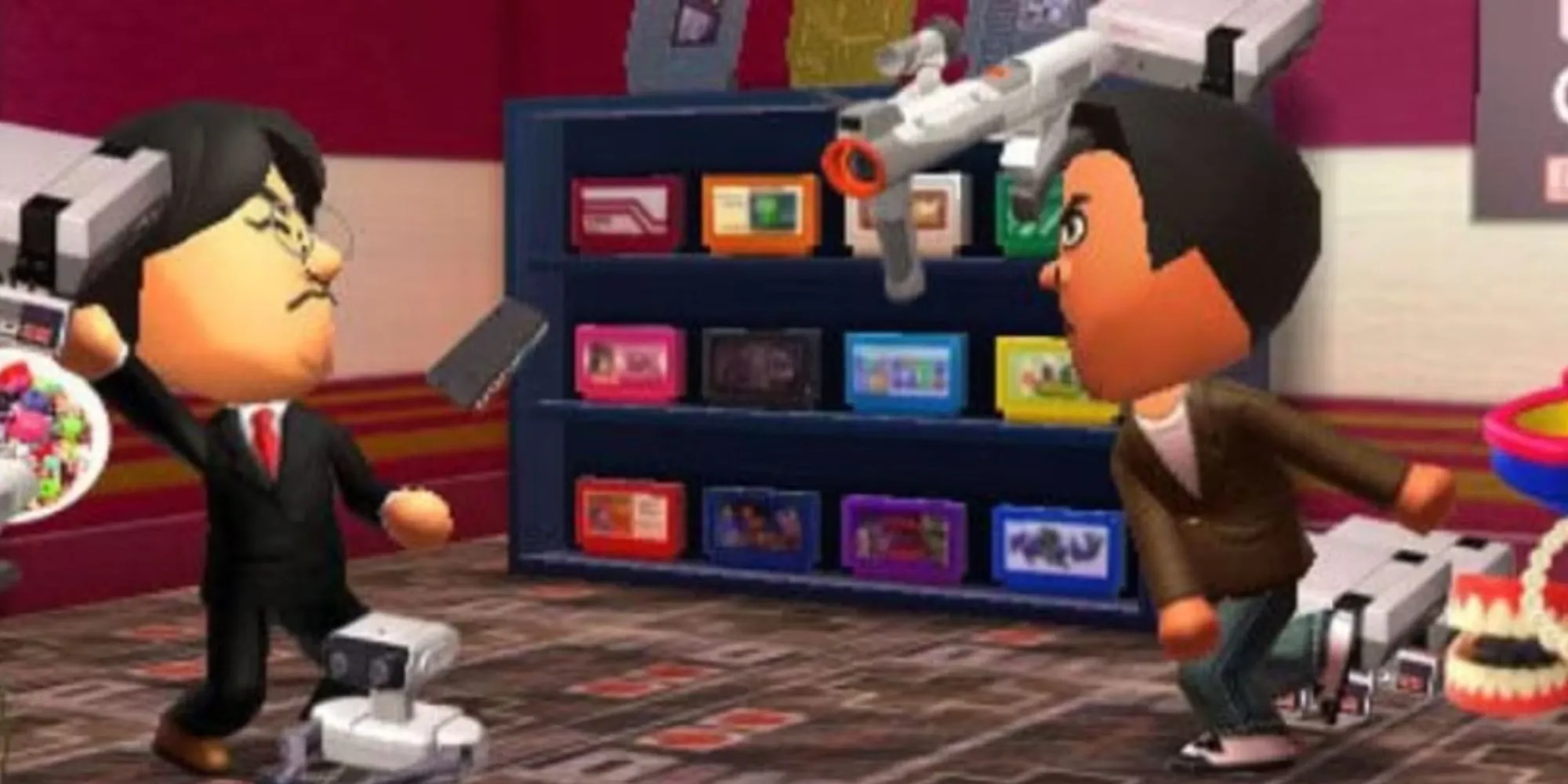Các nhân vật Mii tương tác trong một căn hộ kỳ quặc của game Tomodachi Life