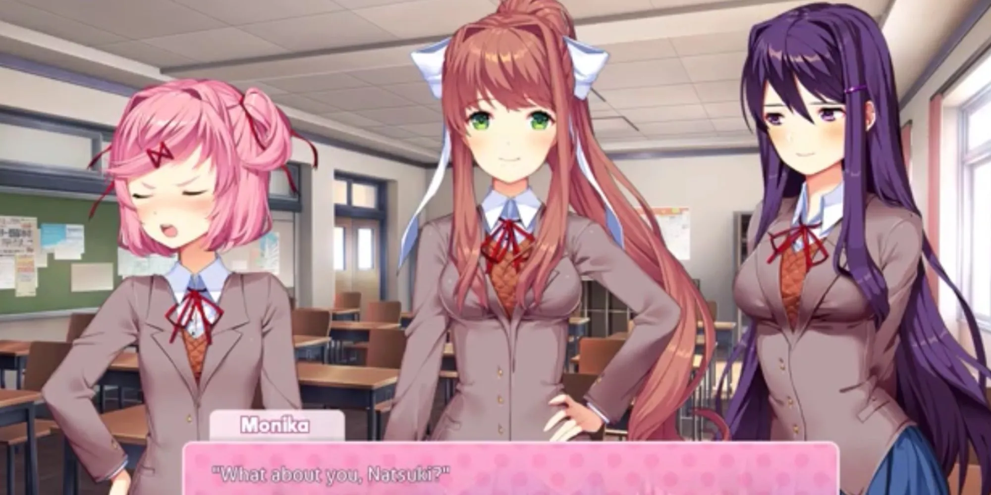 Các nhân vật Natsuki, Monika, Yuri từ Doki Doki Literature Club.