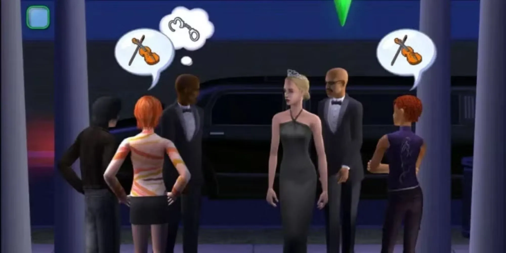 Các nhân vật Sim trò chuyện tại sự kiện thảm đỏ trong The Sims 2