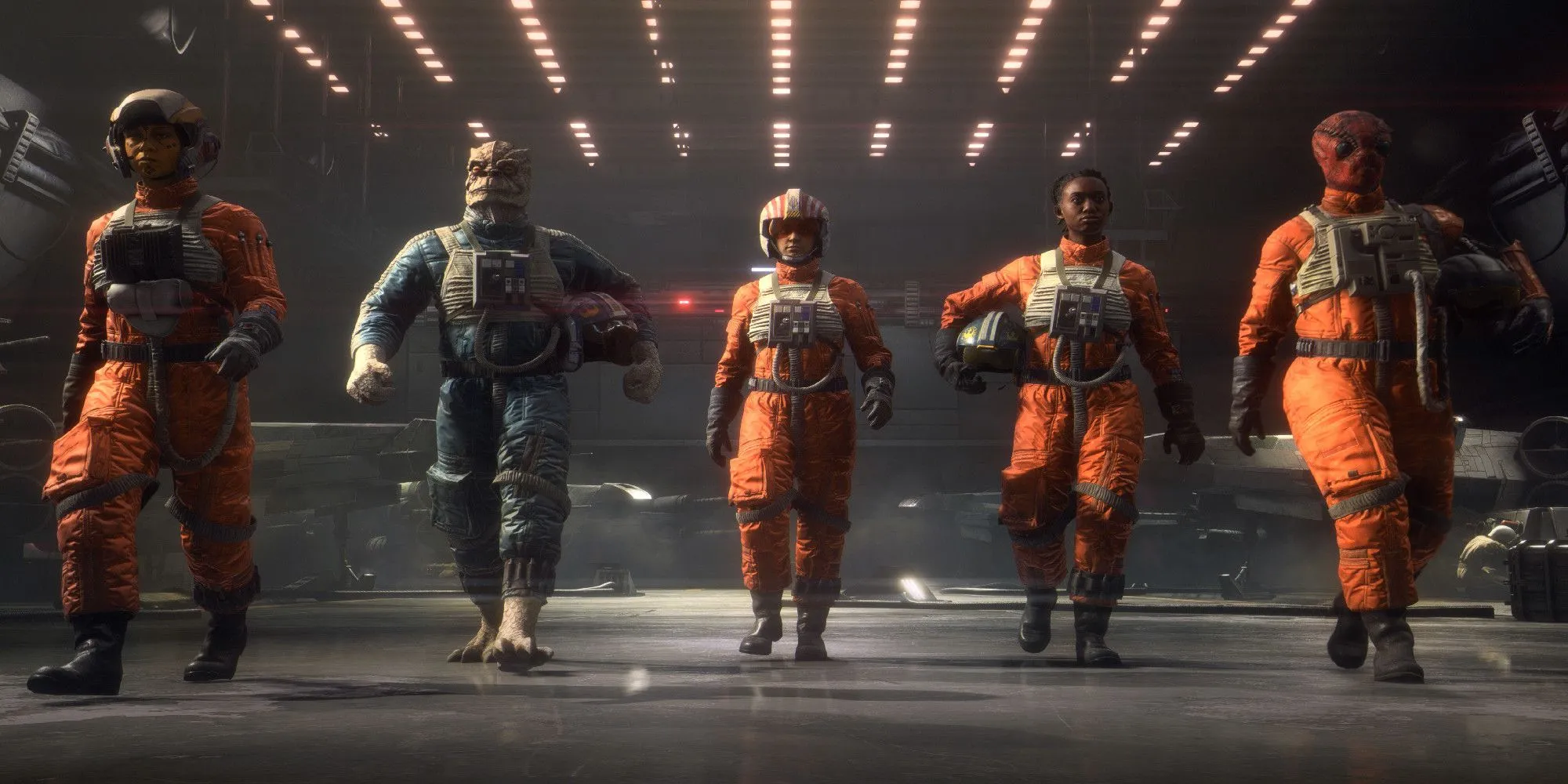 Các thành viên Liên minh Nổi dậy đi qua nhà chứa máy bay X-Wing trong Star Wars: Squadrons