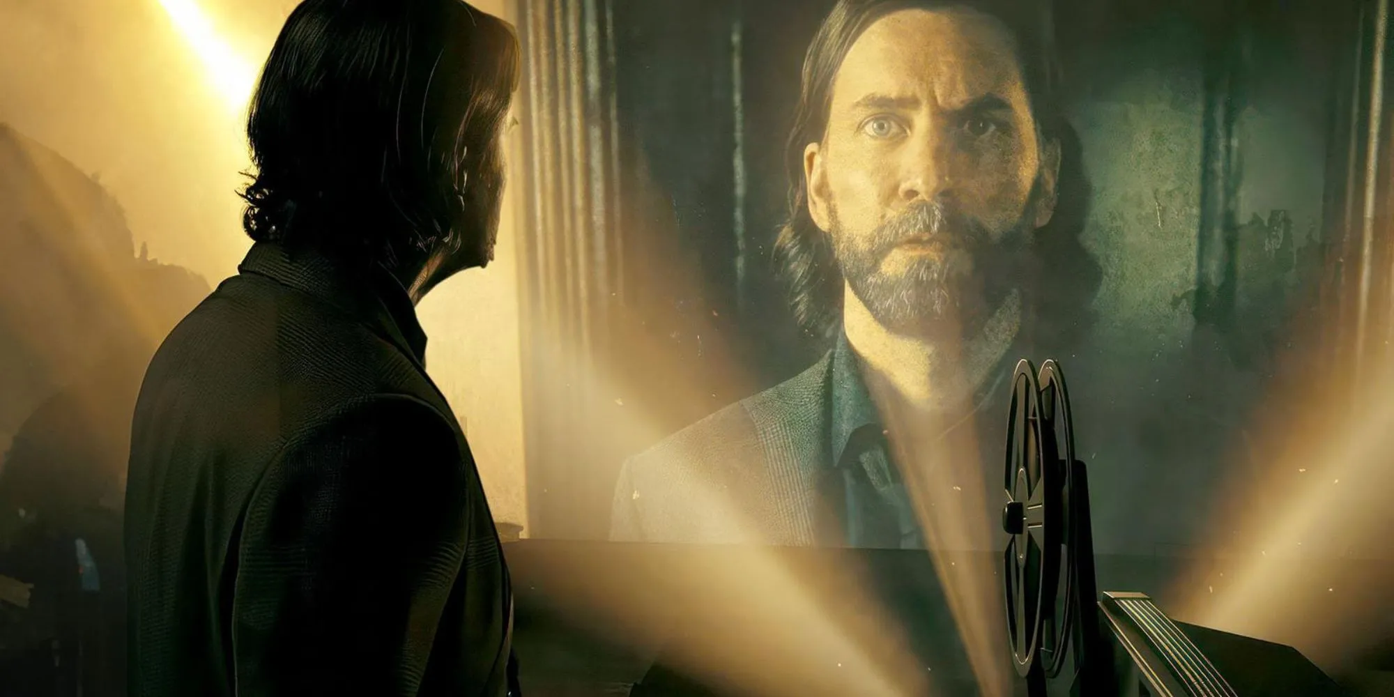 Cảnh Alan Wake nhìn thấy chính mình trên máy chiếu phim trong Alan Wake 2.