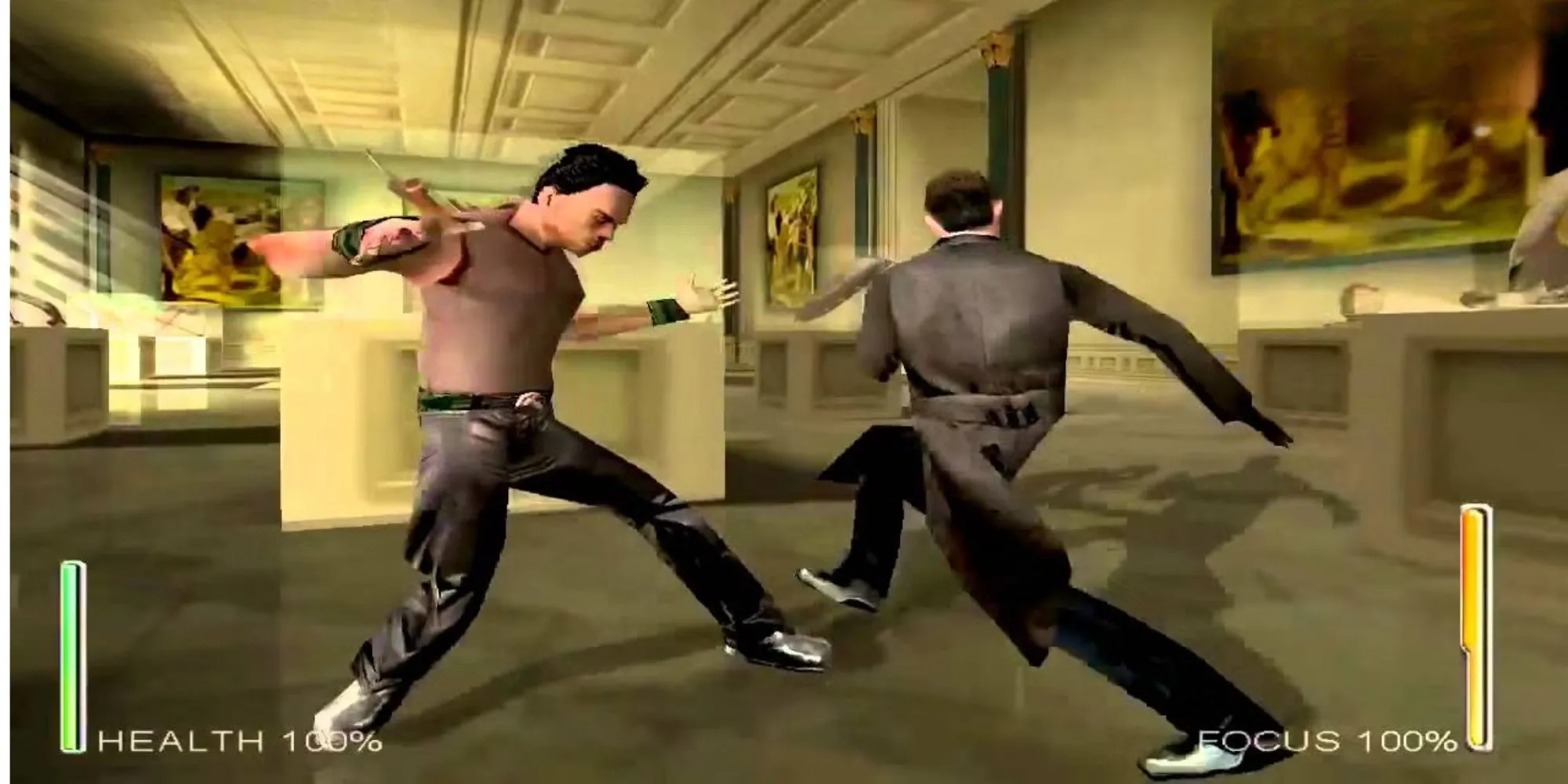 Cảnh chiến đấu trong game Enter The Matrix trên PS2 với hiệu ứng lỗi thời
