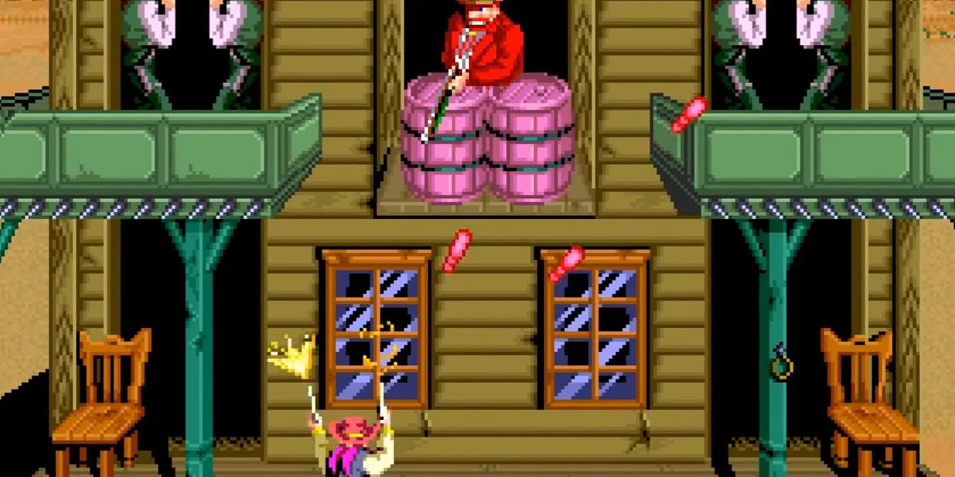 Cảnh chiến đấu trùm Simon Greedwell trong game Sunset Riders trên SNES