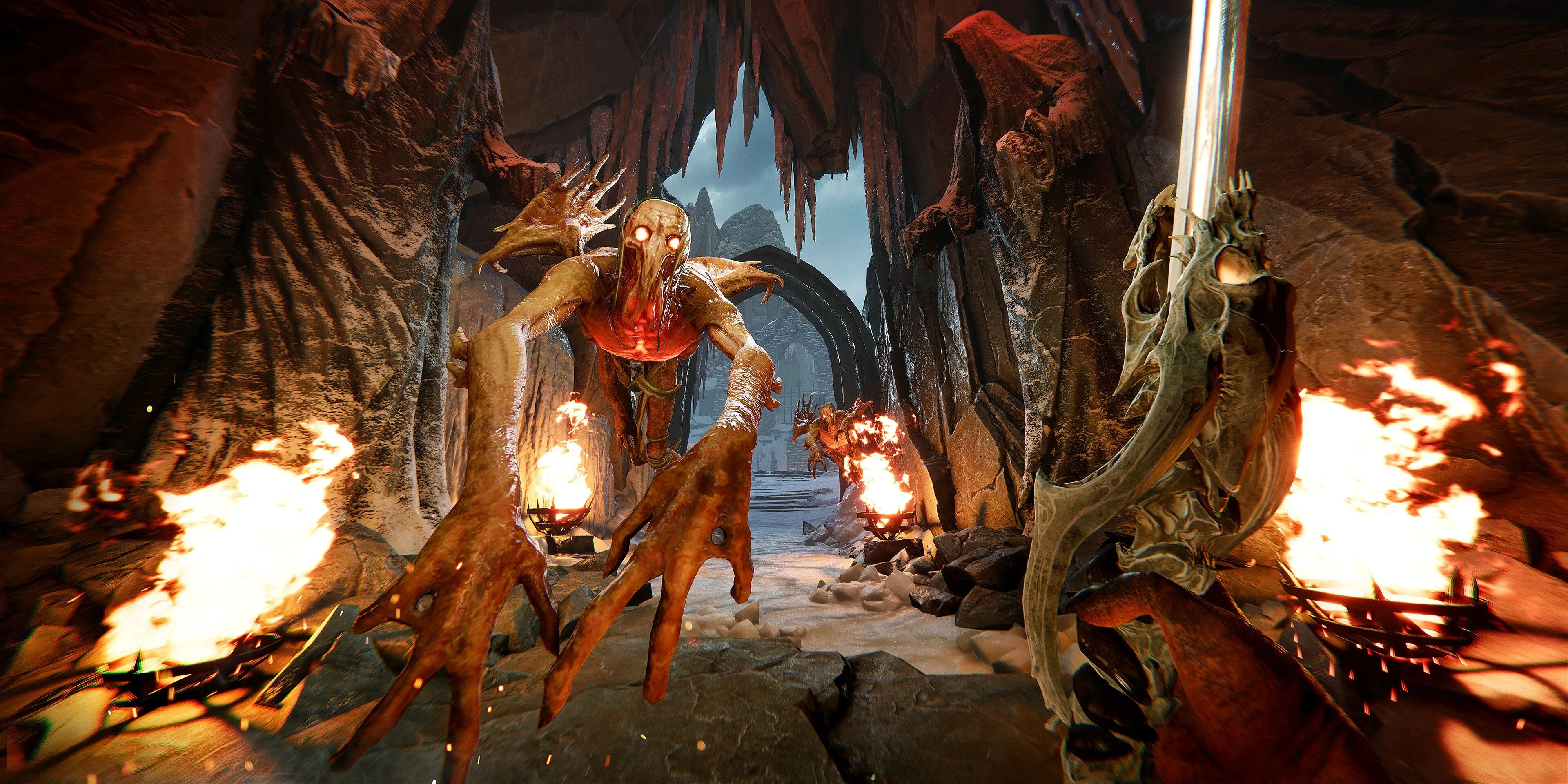 Cảnh chiến đấu với thanh kiếm trong game Metal: Hellsinger, kết hợp yếu tố bắn súng và nhịp điệu nhạc Metal