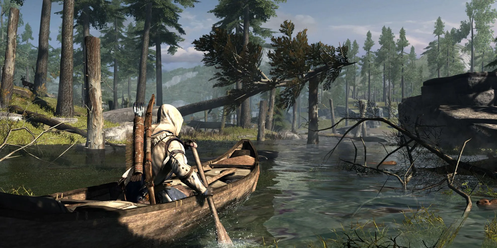 Cảnh Connor chèo thuyền canoe qua dòng sông trong Assassin's Creed 3, bối cảnh vùng đất hoang dã Bắc Mỹ