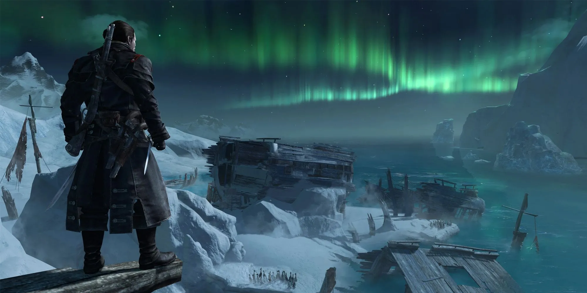 Cảnh cực quang trên biển trong Assassin's Creed Rogue, bối cảnh Bắc Mỹ thời kỳ Chiến tranh Bảy năm