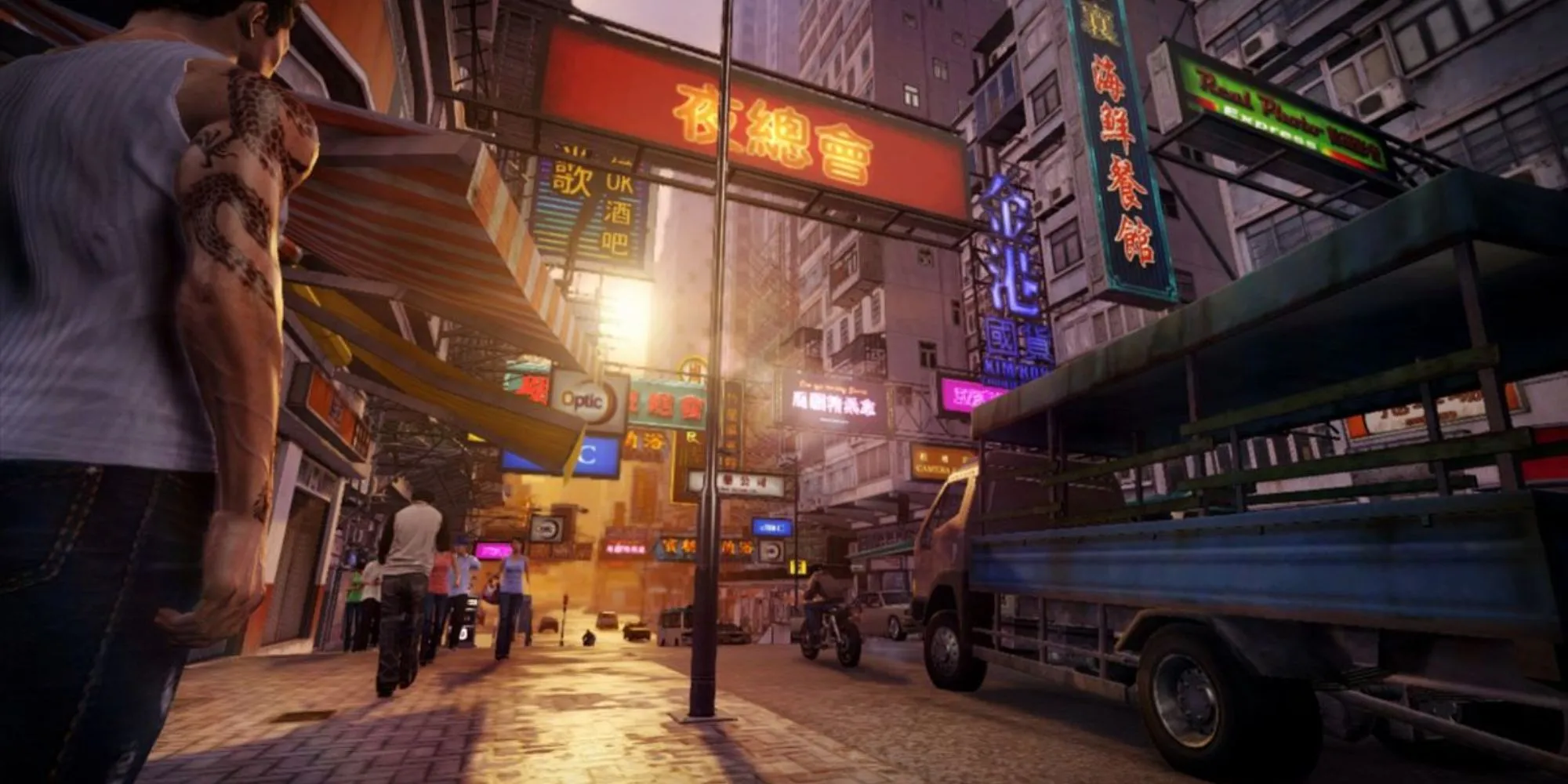Cảnh đường phố Hồng Kông về đêm trong Sleeping Dogs với các tòa nhà cao tầng và biển hiệu neon