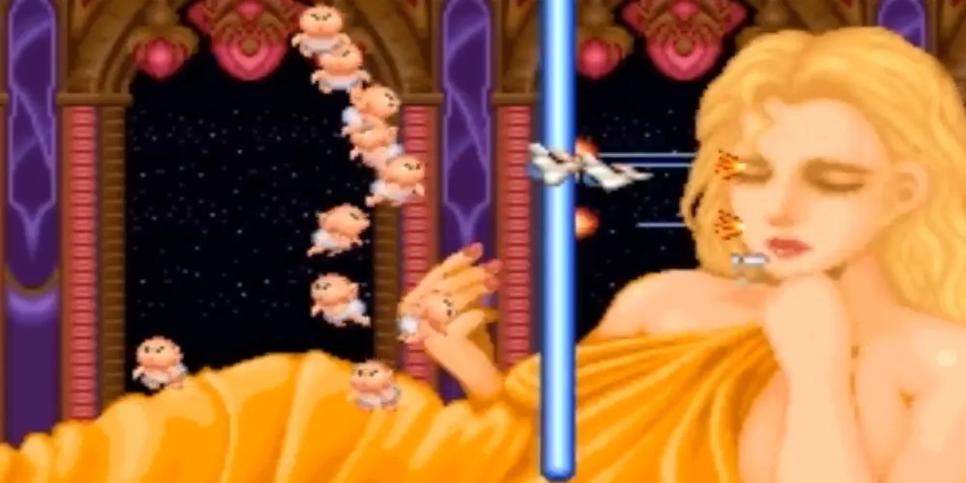 Cảnh gameplay của game bắn súng cuộn cảnh Parodius trên SNES