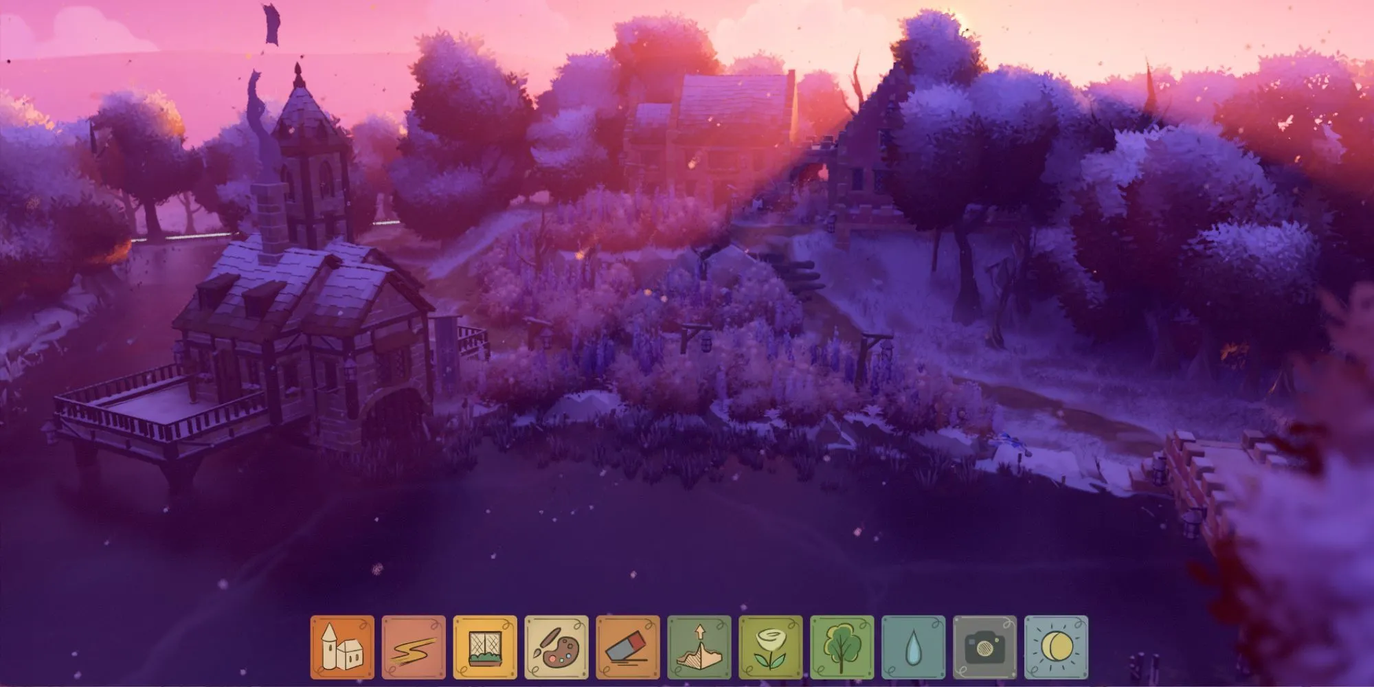 Cảnh hoàng hôn tím huyền ảo trong game Tiny Glade