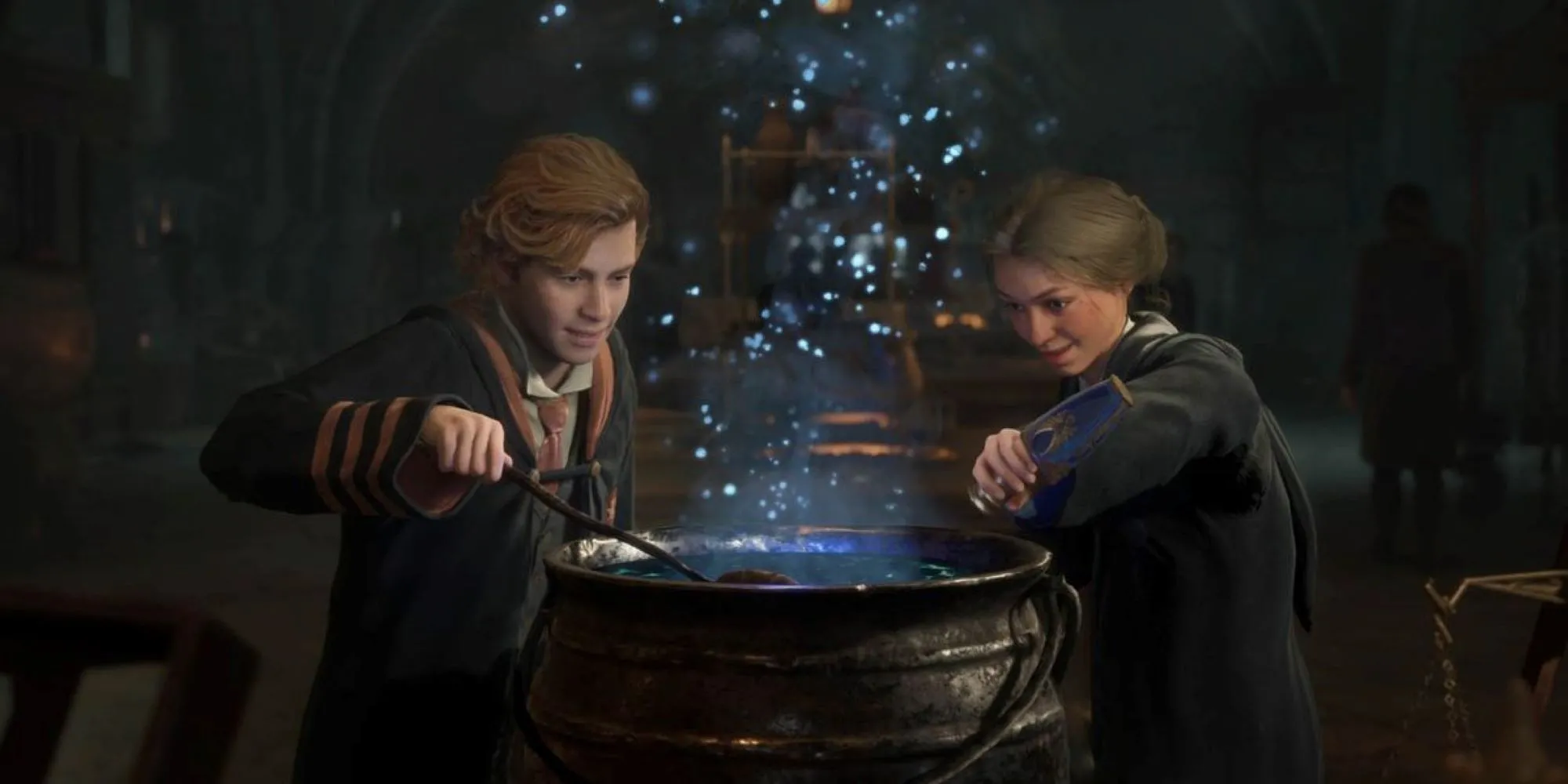 Cảnh học sinh trong Hogwarts Legacy cùng nhau học pha chế độc dược tại lớp học