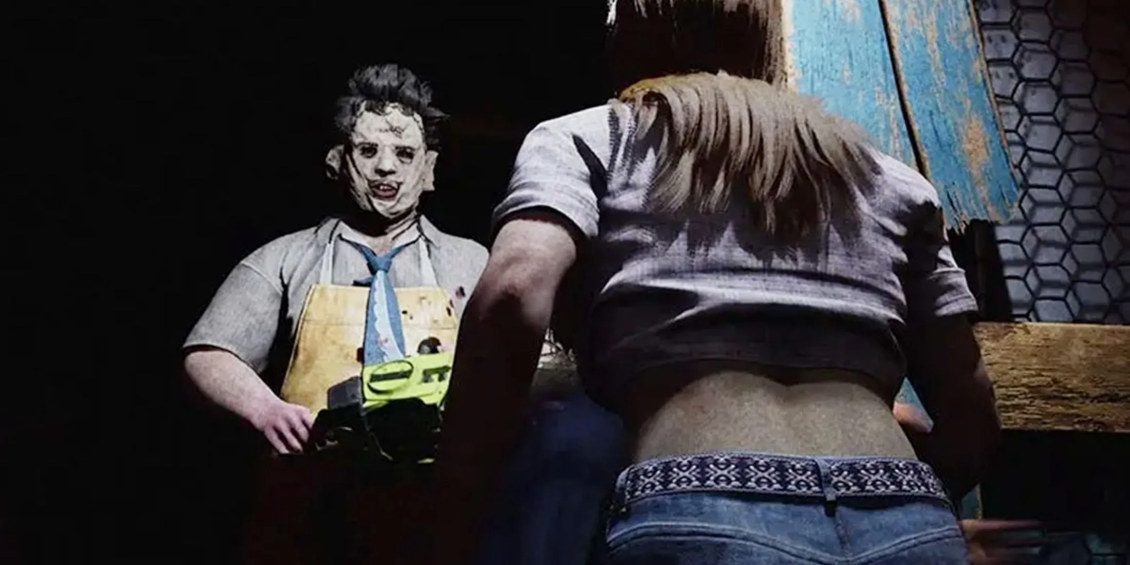 Cảnh Leatherface đối mặt với nạn nhân Connie tại lối ra tầng hầm game TCSM