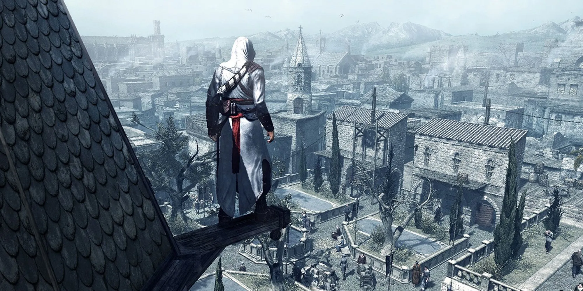 Cảnh nhìn từ mái nhà xuống thành phố thời Thập Tự Chinh trong Assassin's Creed 1, thể hiện môi trường mở đầu tiên của series