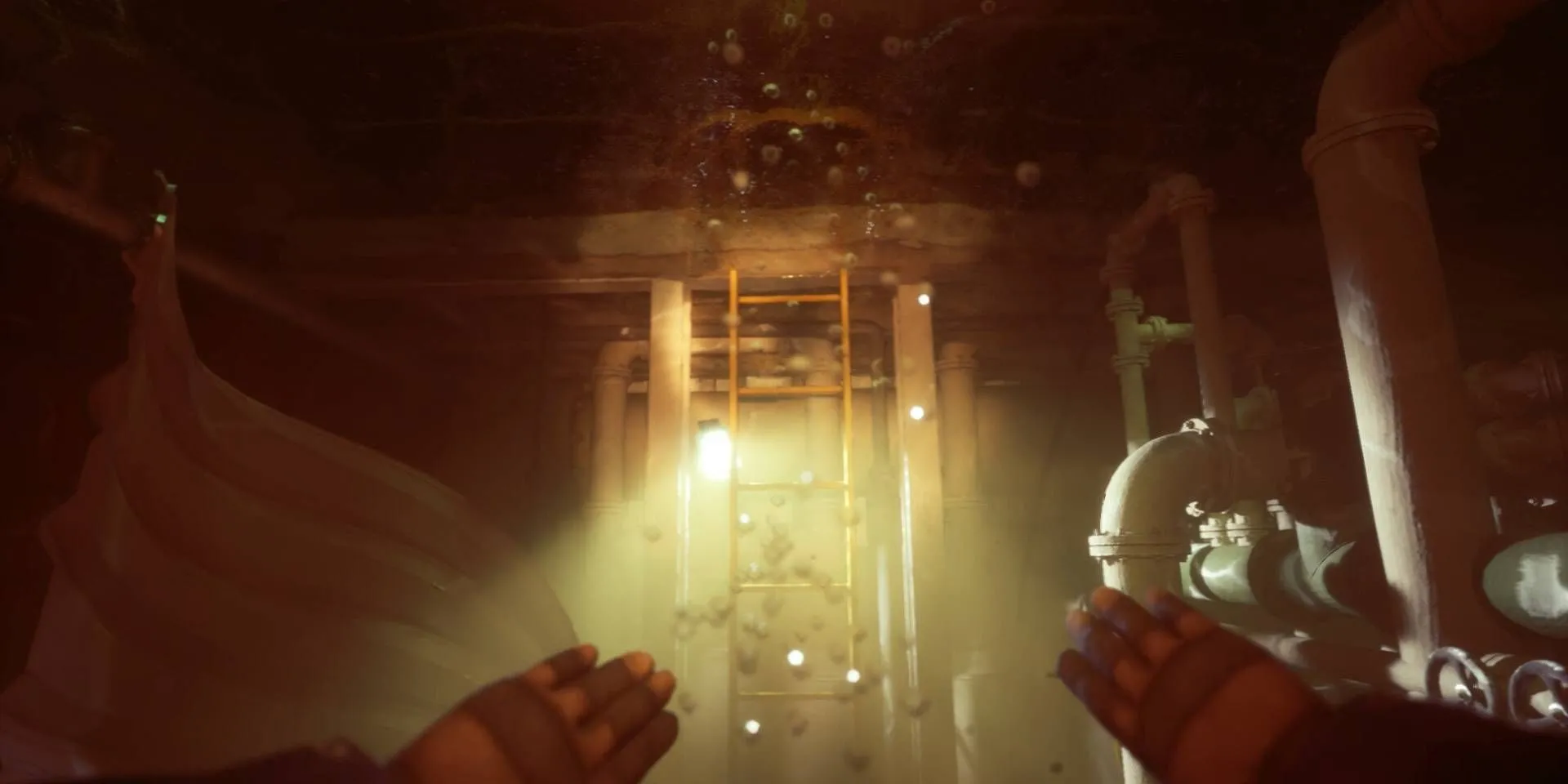 Cảnh quay góc nhìn thứ nhất khi bơi trong game kinh dị Still Wakes the Deep.