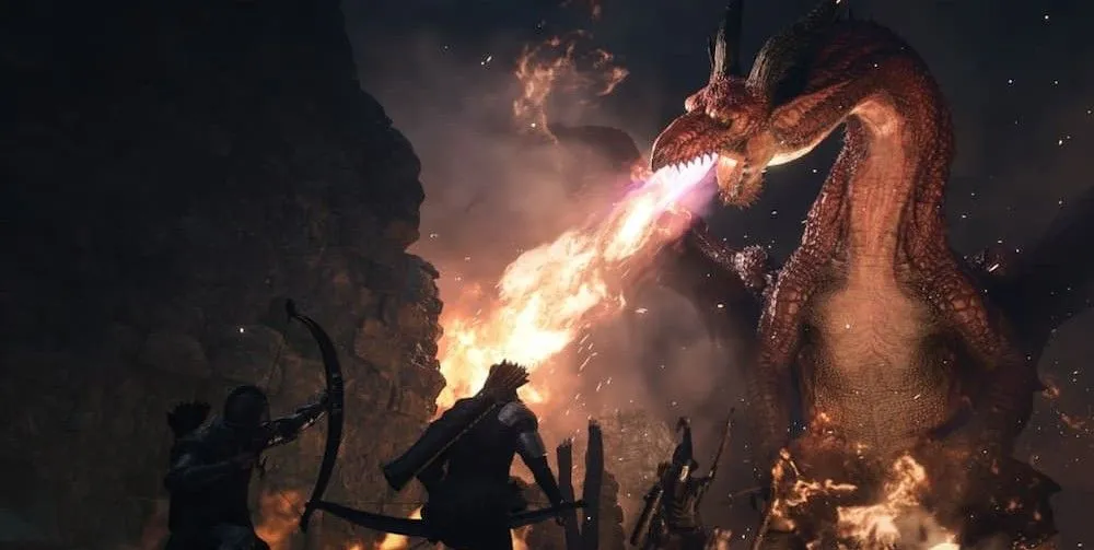 Cảnh rồng phun lửa hùng vĩ trong Dragon's Dogma 2 tối ưu cho PS5 Pro