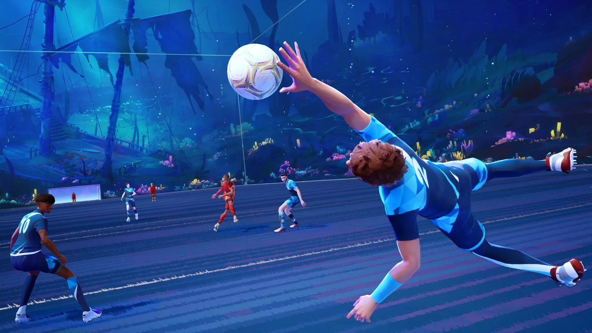 Cảnh thi đấu bóng đá xe hơi trong game thể thao Rematch