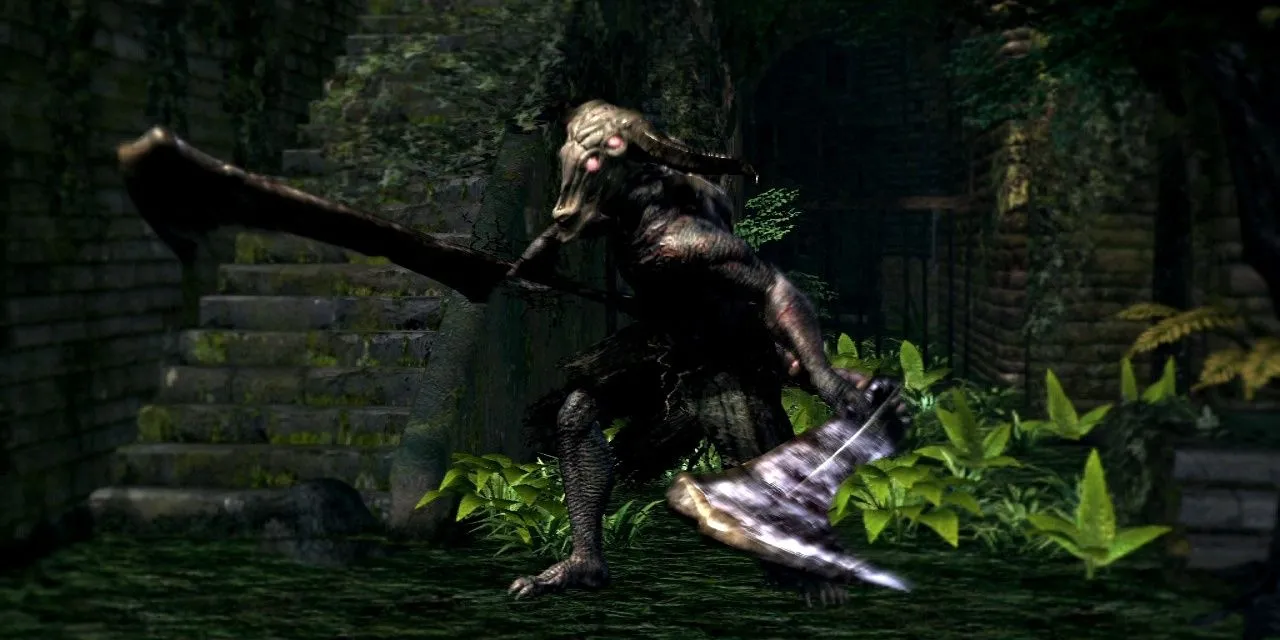 Capra Demon và hai con chó địa ngục lao tới tấn công người chơi trong căn phòng chật hẹp của Dark Souls
