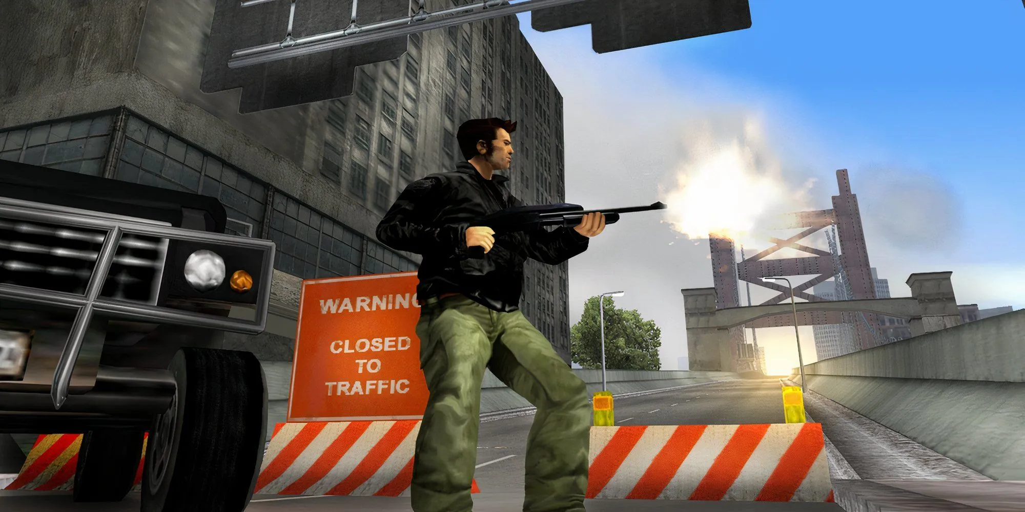 Claude trong GTA 3 đang bắn súng trường ngoài trời