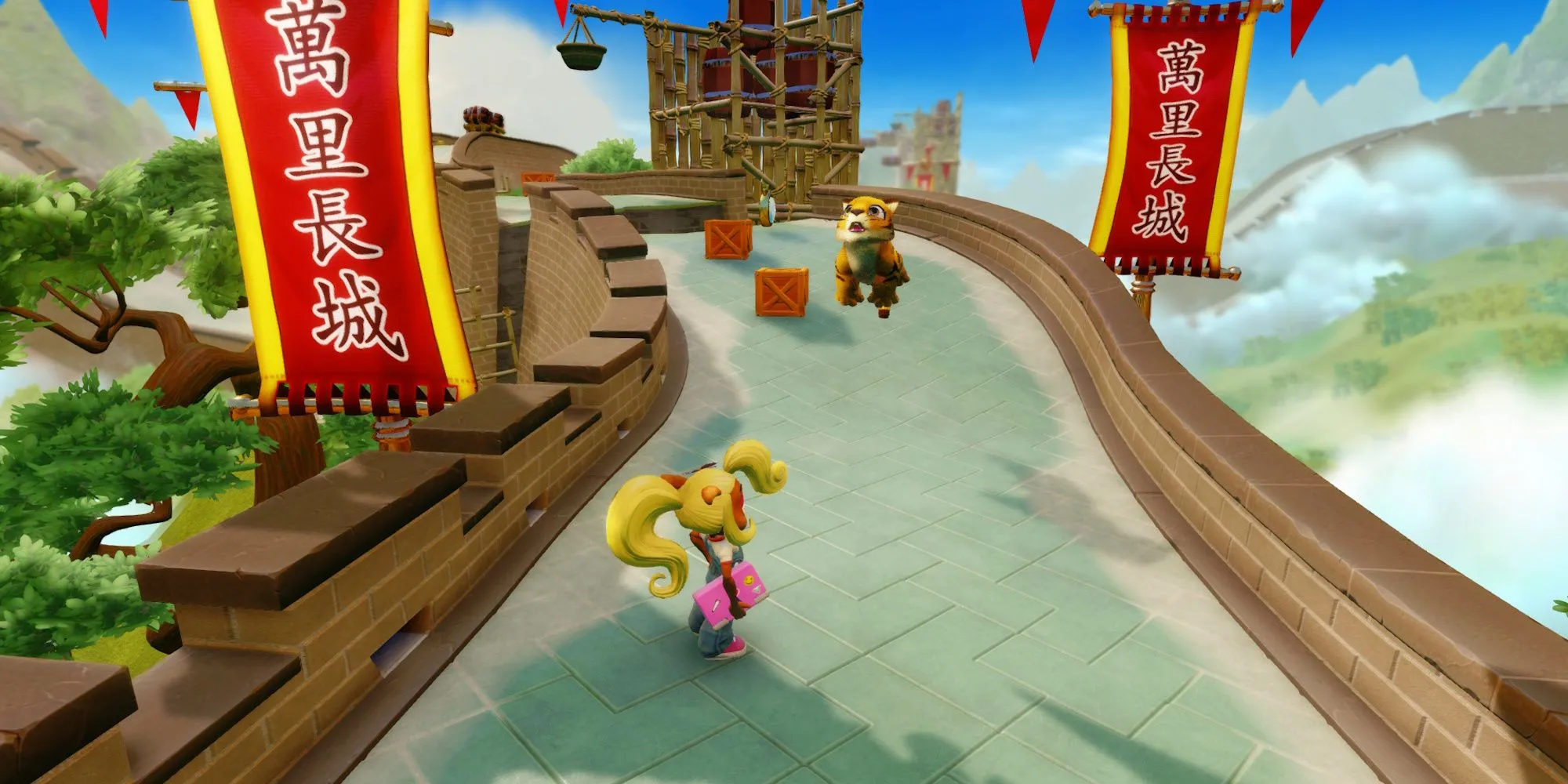 Coco Bandicoot cưỡi hổ Pura chạy trên Vạn Lý Trường Thành trong màn chơi Orient Express của Crash Bandicoot 3