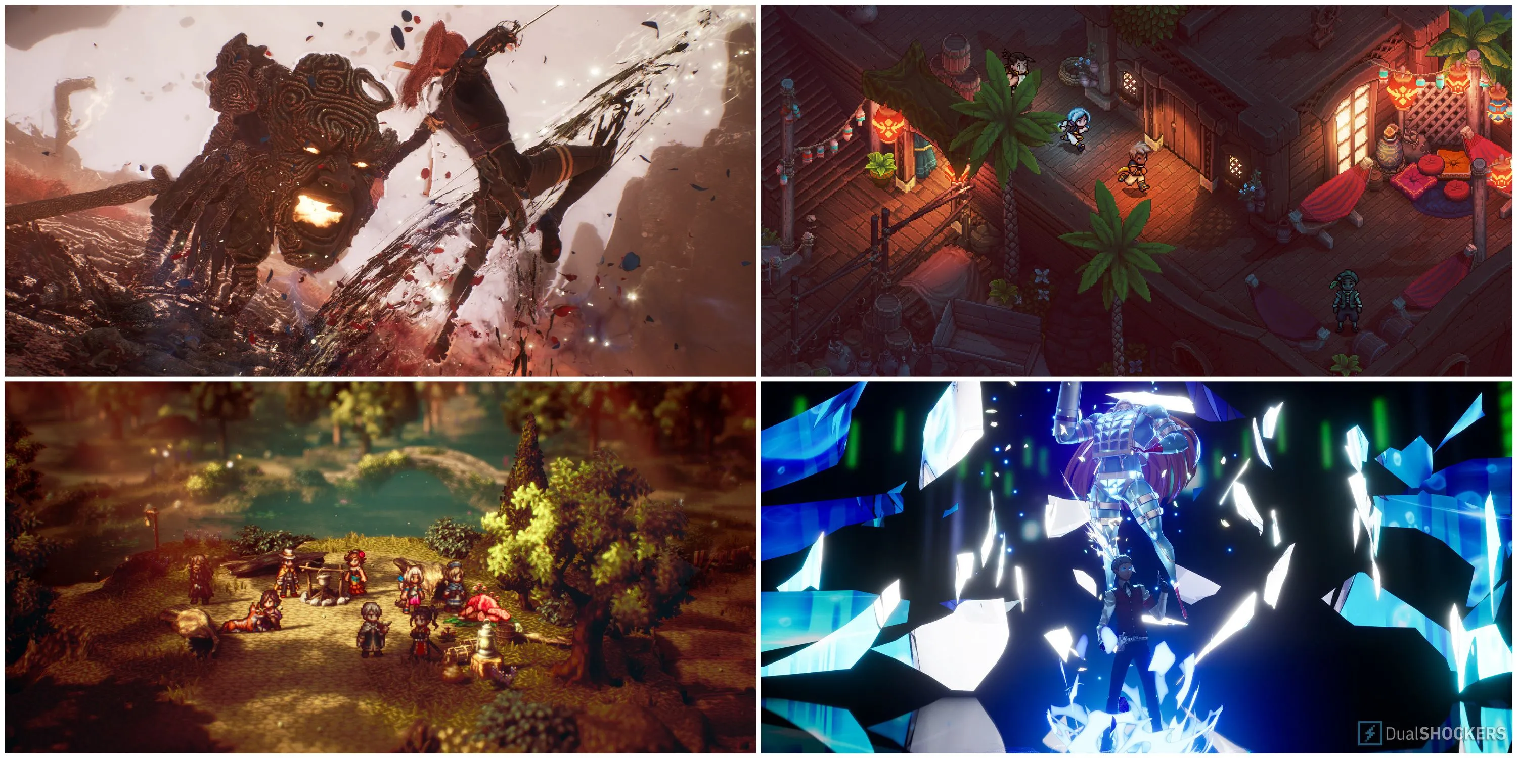 So sánh Chrono Trigger vs Sea of Stars: Ai mới là huyền thoại JRPG vượt thời gian? 1 Collage bìa game JRPG nổi tiếng: Octopath Traveler 2, Persona 3 Reload, Sea of Stars và Chrono Trigger