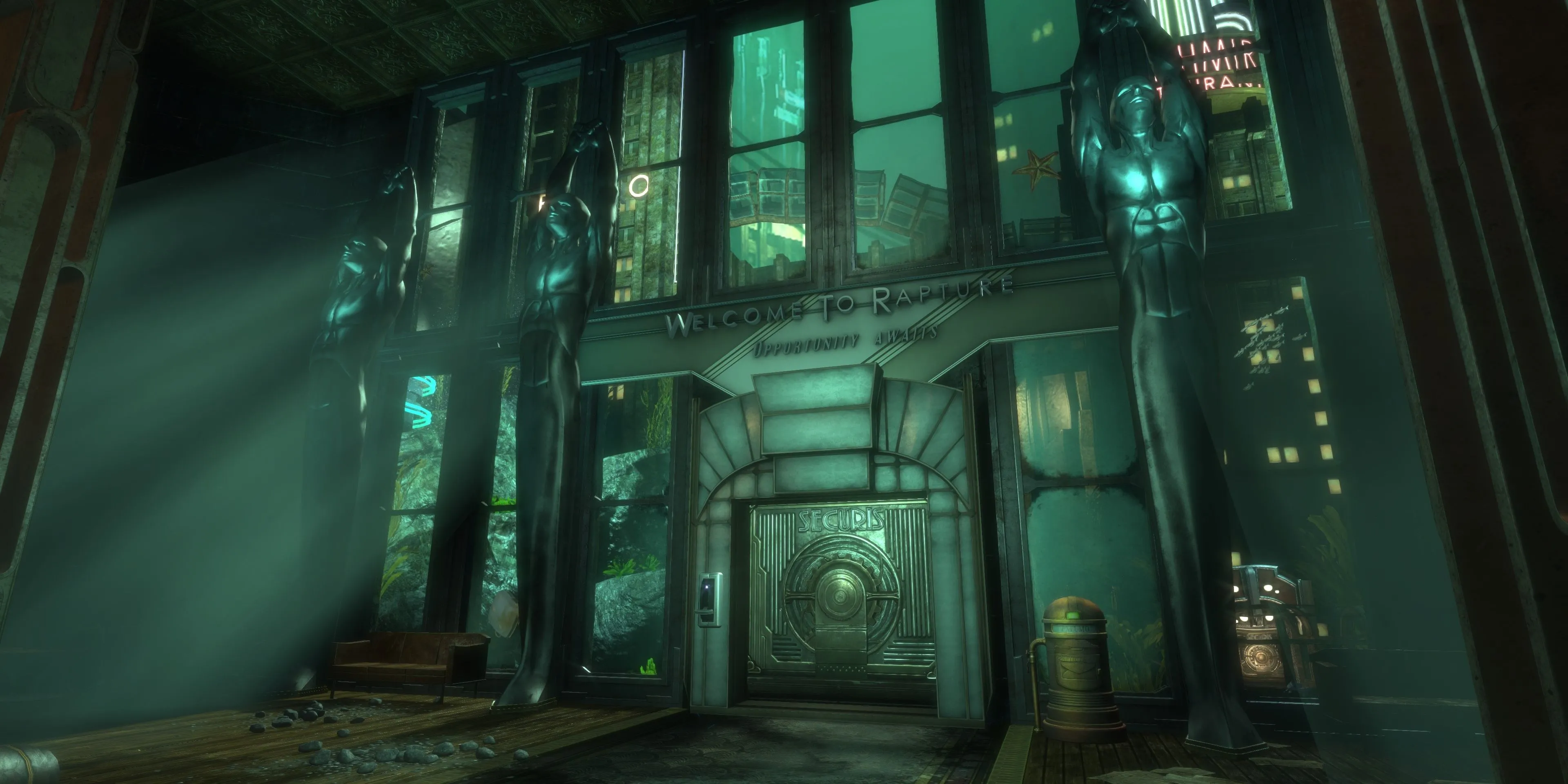 BioShock hay BioShock Infinite: Ai Thắng Cuộc So Găng? 1 Cổng chào kiến trúc Art Deco dẫn vào thành phố Rapture trong BioShock