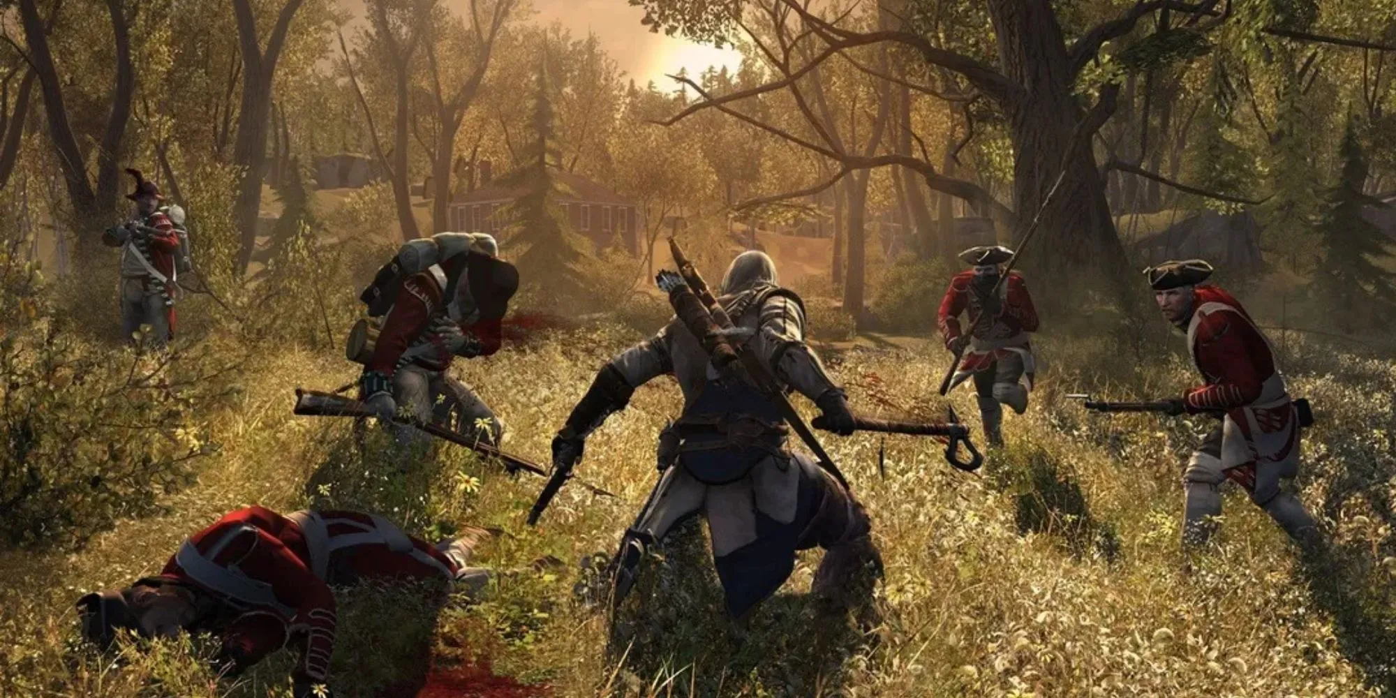 Connor Kenway, nhân vật chính của Assassin's Creed 3, trong một tư thế hành động ám sát đặc trưng