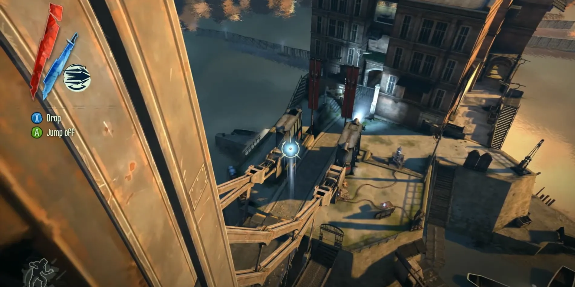 Corvo Attano sử dụng kỹ năng Blink để dịch chuyển tức thời trong thế giới steampunk của Dishonored