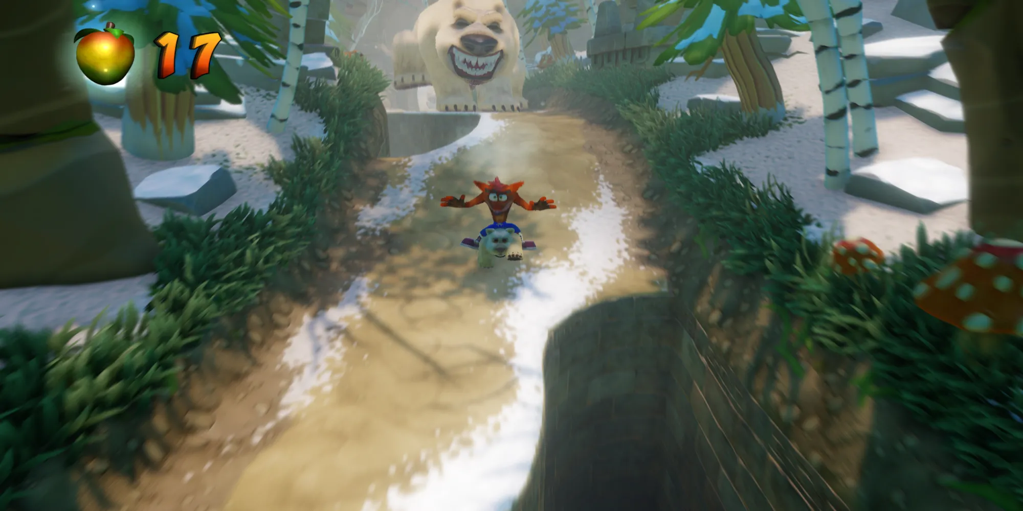 Crash Bandicoot bị một con gấu bắc cực khổng lồ rượt đuổi trong màn chơi Unbearable đầy kịch tính của Crash Bandicoot 2