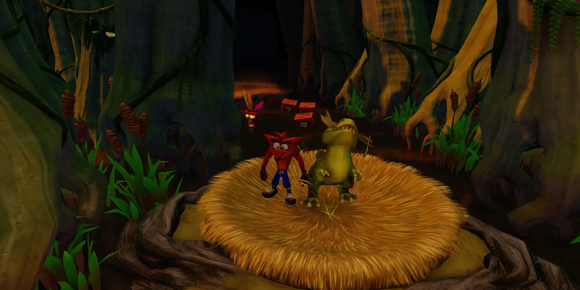 Crash Bandicoot cưỡi một chú khủng long con vượt qua đầm lầy thời tiền sử trong màn chơi Dino Might! của Crash Bandicoot 3