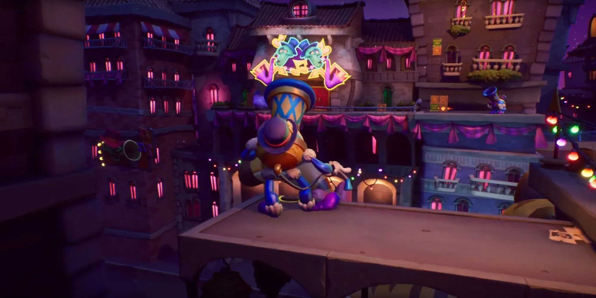 Crash Bandicoot nhảy múa qua các chướng ngại vật trong lễ hội đầy màu sắc của màn chơi Off Beat từ Crash Bandicoot 4
