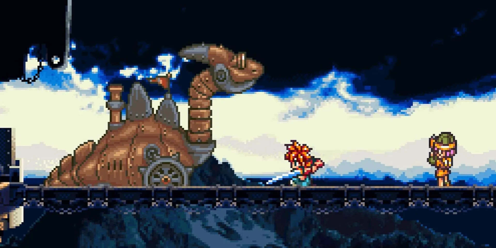 Crono và Luca chiến đấu với Dragon Tank trong cảnh mở đầu game Chrono Trigger