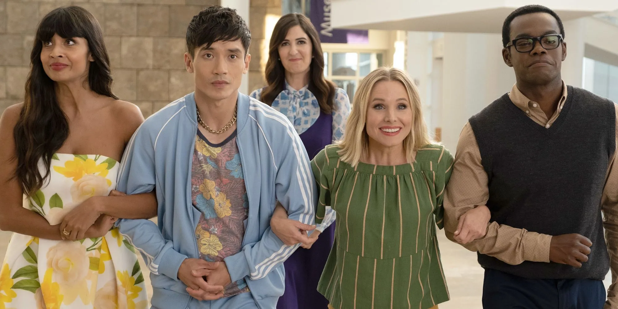 Dàn diễn viên chính trong bộ phim The Good Place, một sitcom giả tưởng về thế giới bên kia