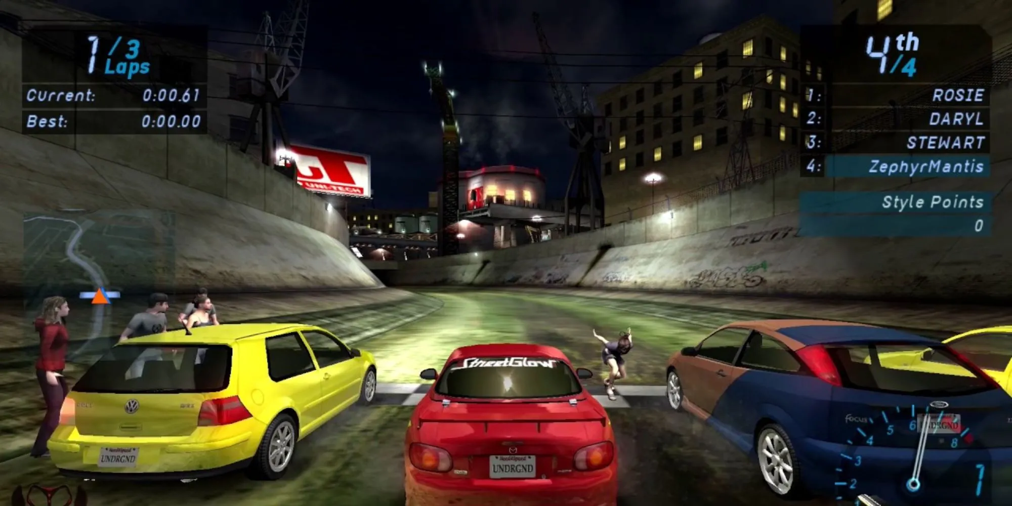 Đường đua đêm trong Need For Speed Underground PS2 với cơ chế rubber-banding