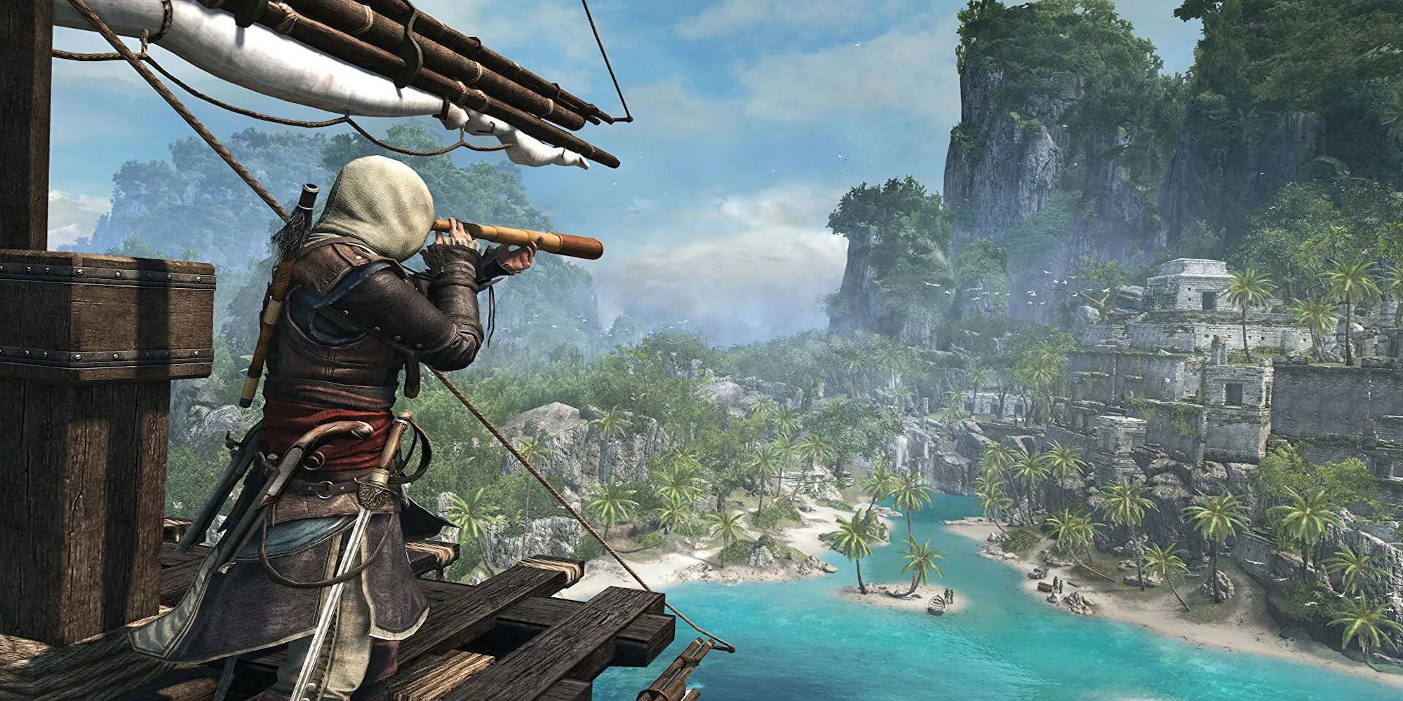 Edward Kenway nhìn ra biển từ con tàu của mình trong Assassin's Creed 4: Black Flag, biểu tượng của Thời đại Cướp biển vàng